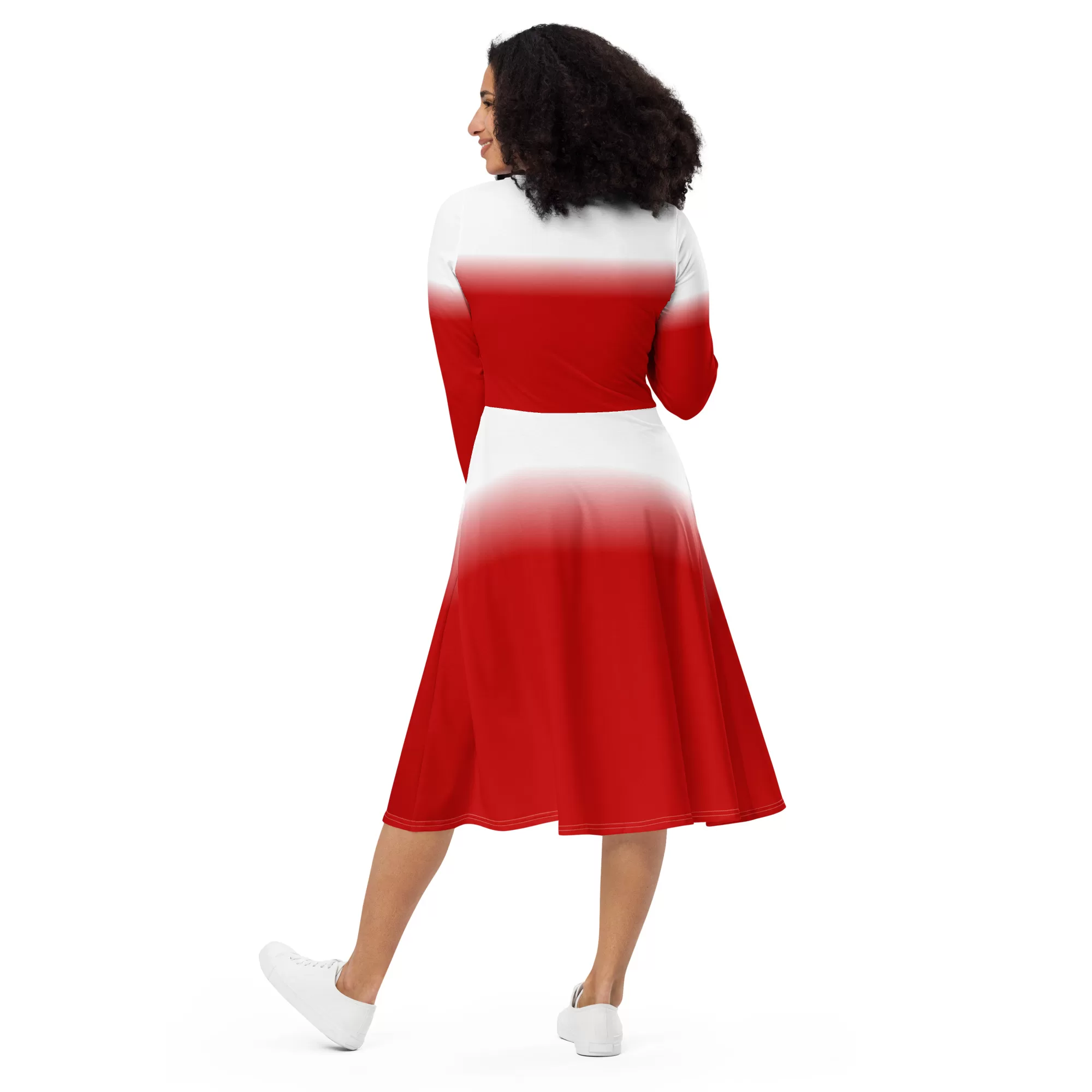Red White long sleeve midi dress - Image 3