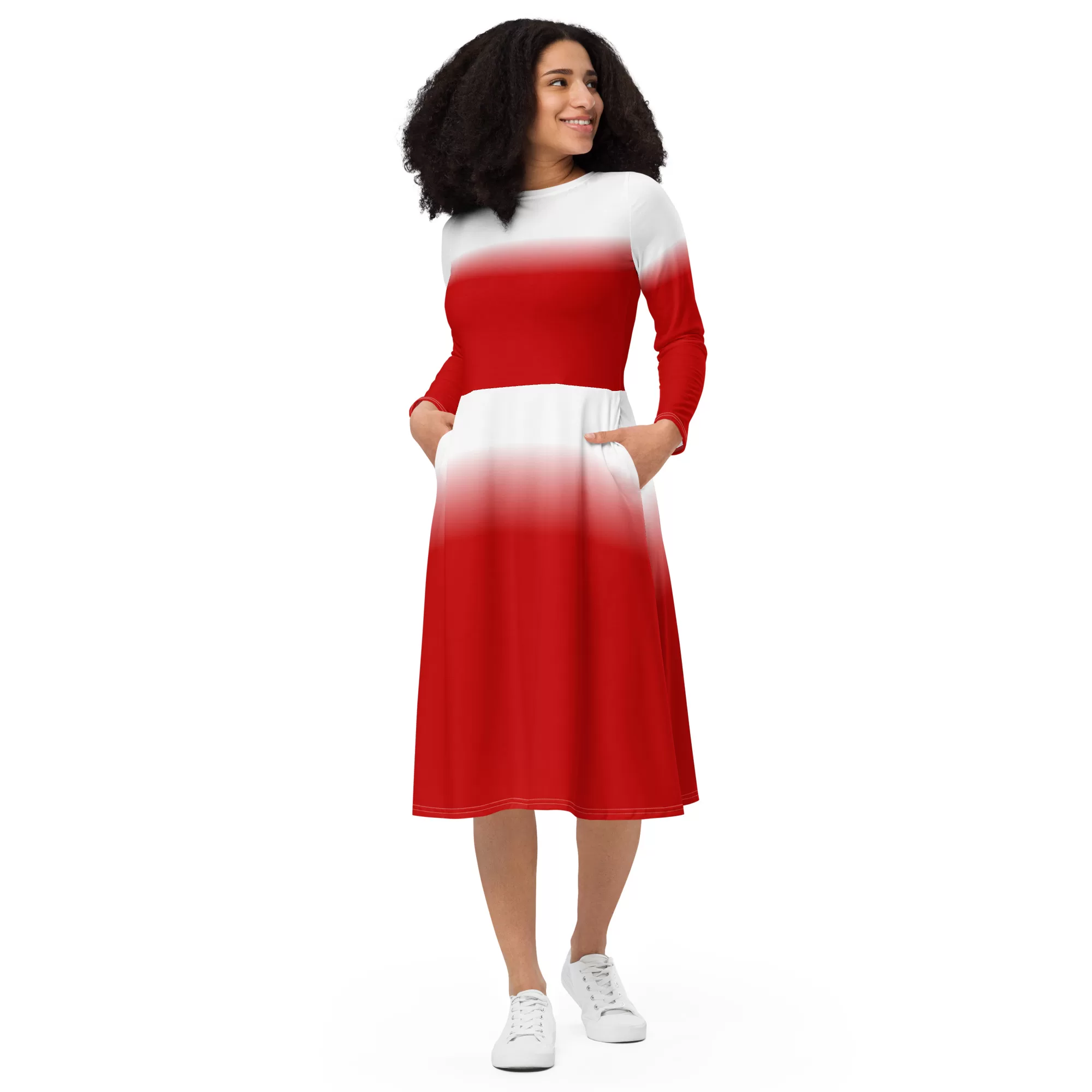 Red White long sleeve midi dress