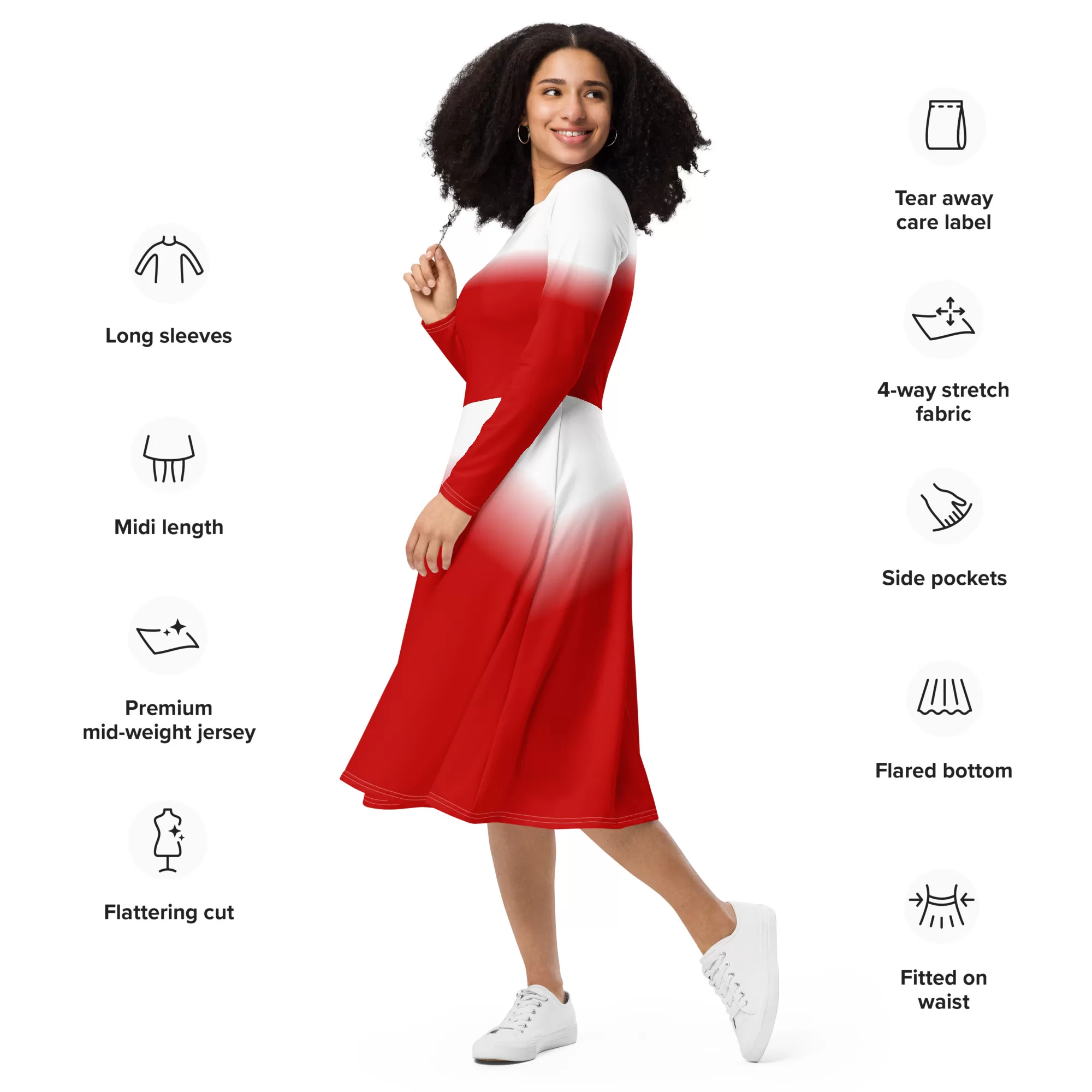 Red White long sleeve midi dress - Image 2