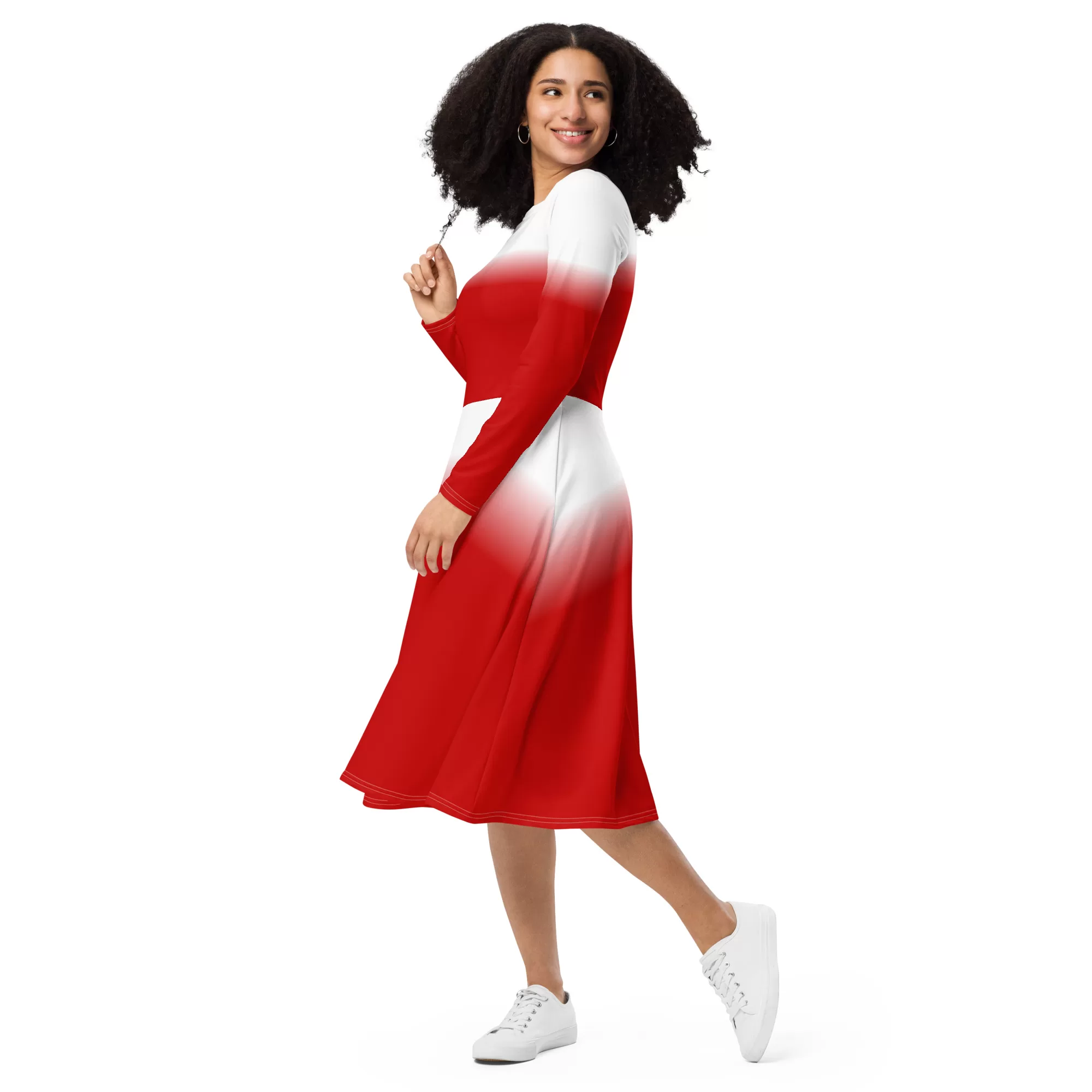 Red White long sleeve midi dress - Image 5