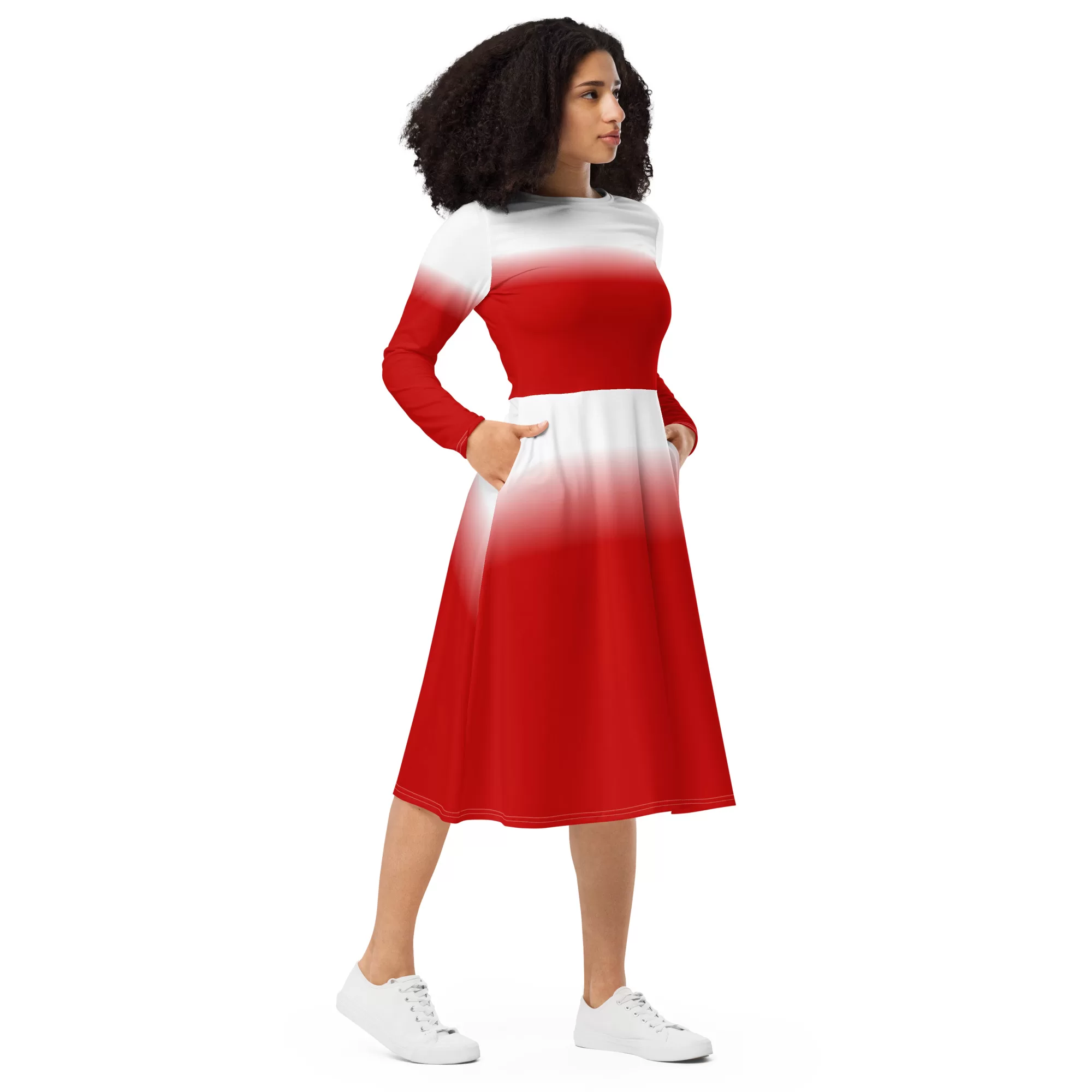 Red White long sleeve midi dress - Image 4