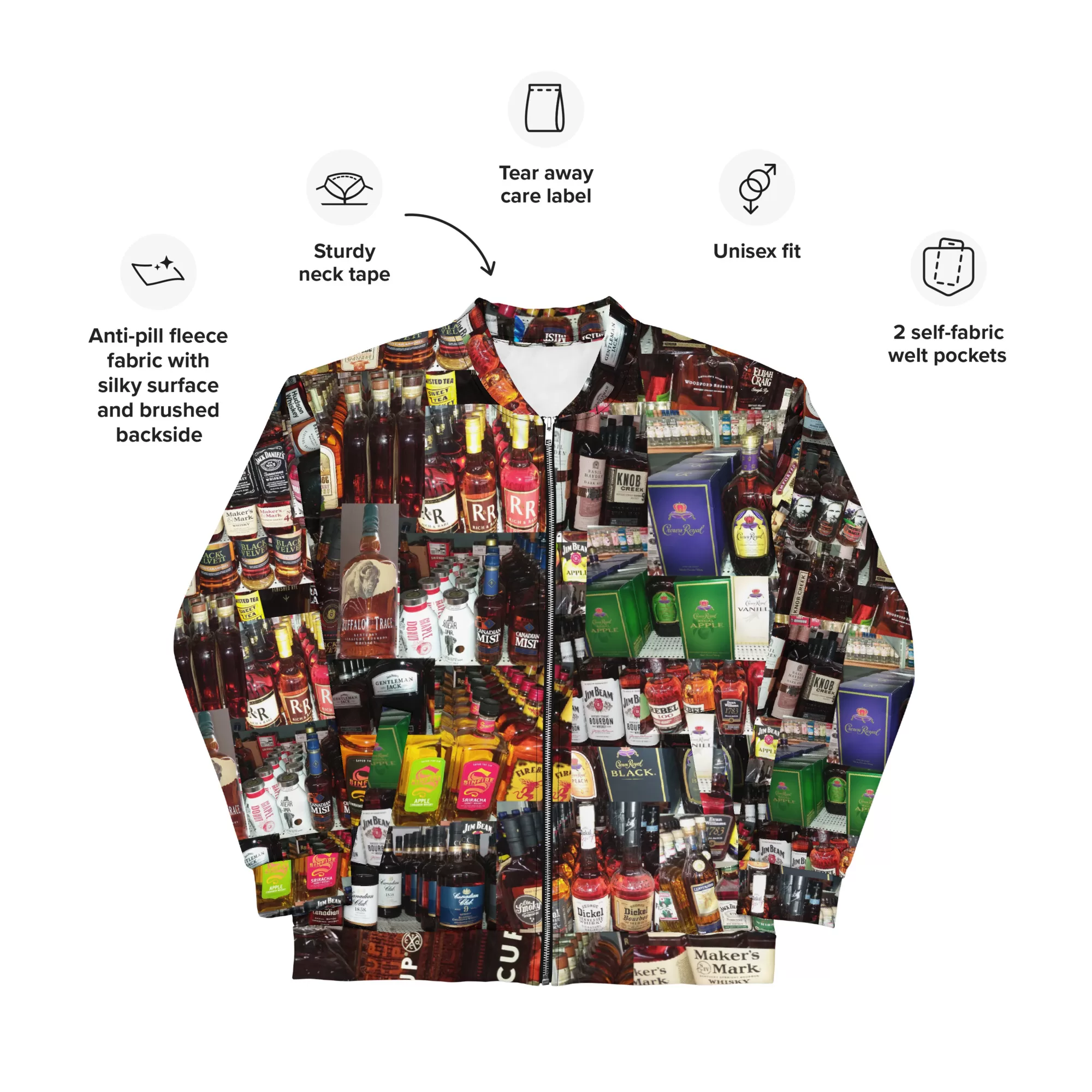 Whiskey Theme Unisex Bomber Jacket. Light-Weight Zippered-Coat - Image 2