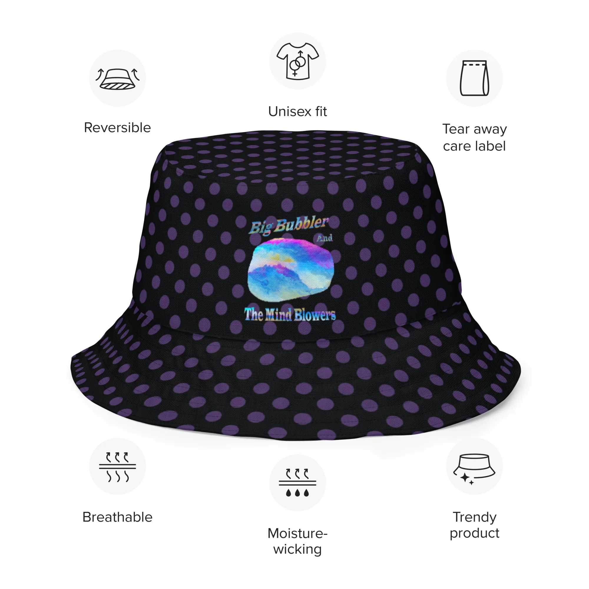 Black w Purple Dots Reversible bucket hat - Image 4
