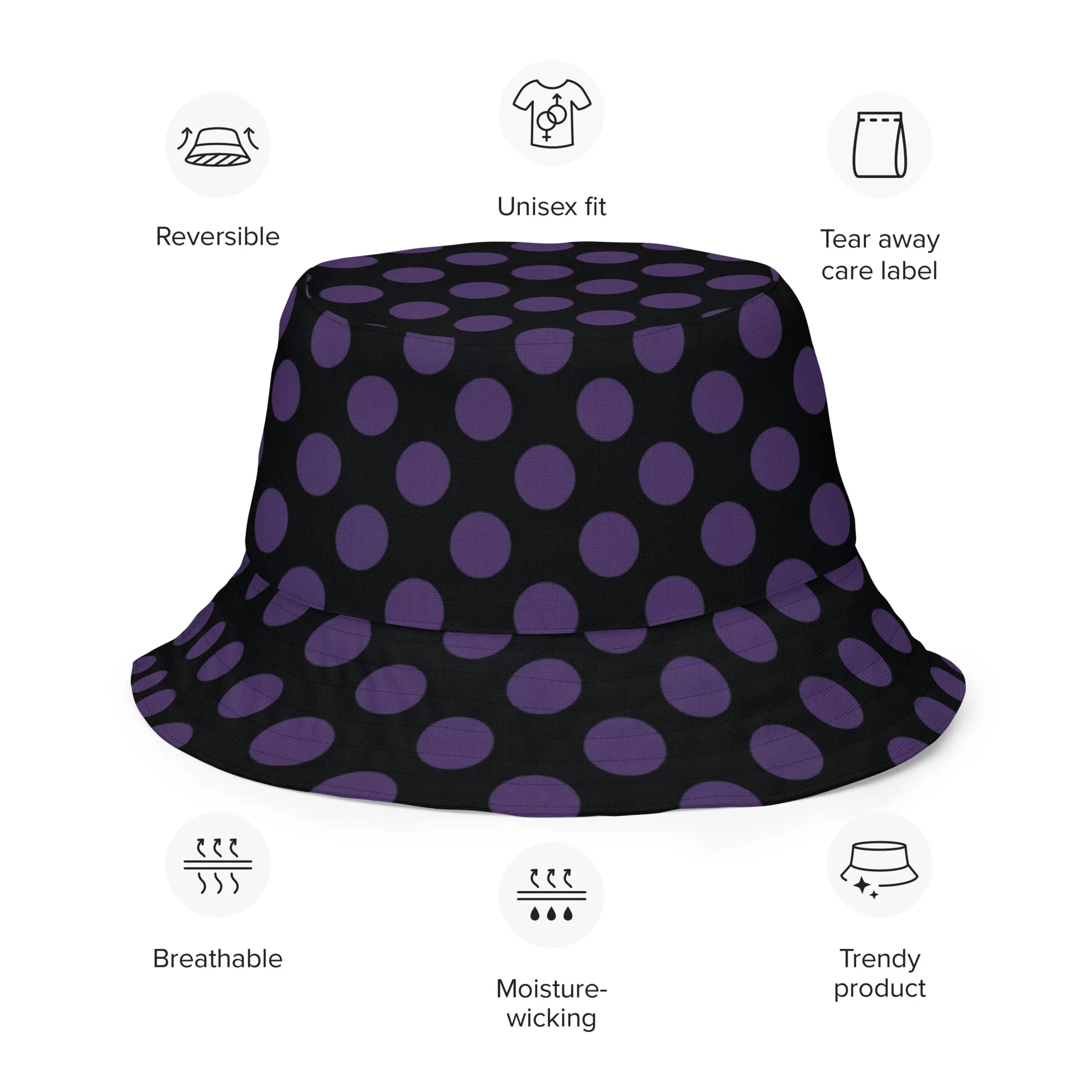 Black w Purple Dots Reversible bucket hat - Image 2