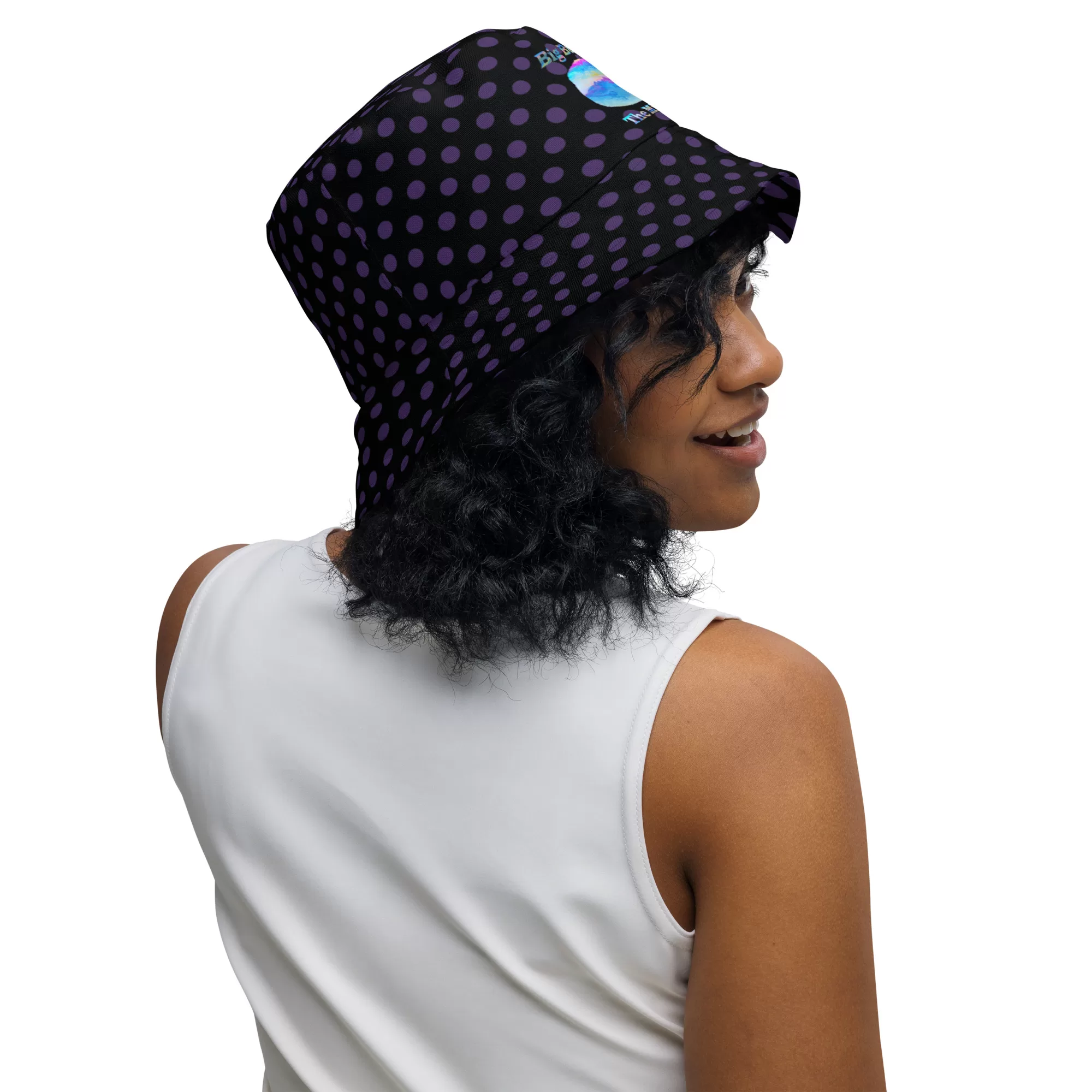 Black w Purple Dots Reversible bucket hat - Image 10
