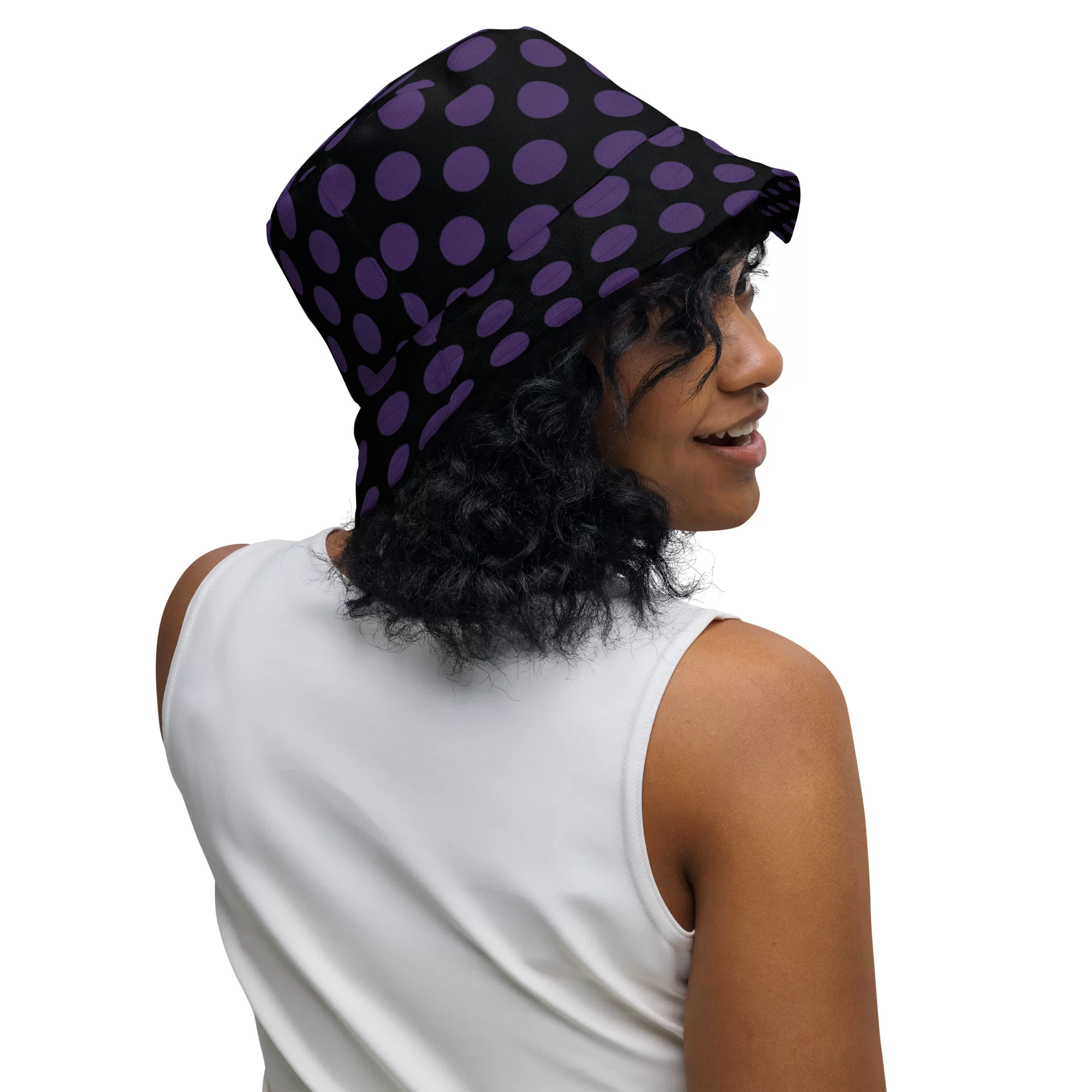 Black w Purple Dots Reversible bucket hat - Image 6