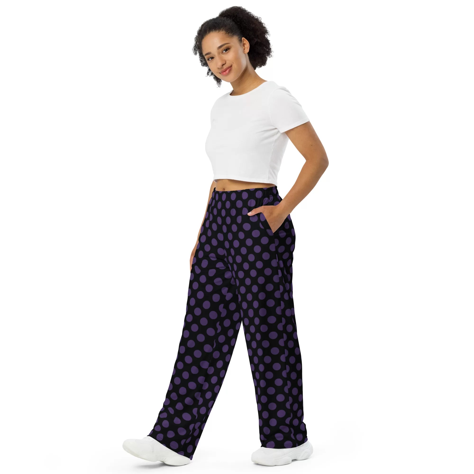 Black w Big Purple Dots unisex wide-leg pants