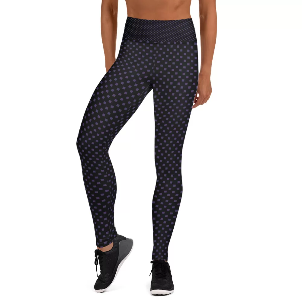 Small Purple Squares on Black Yoga Leggings - Image 5