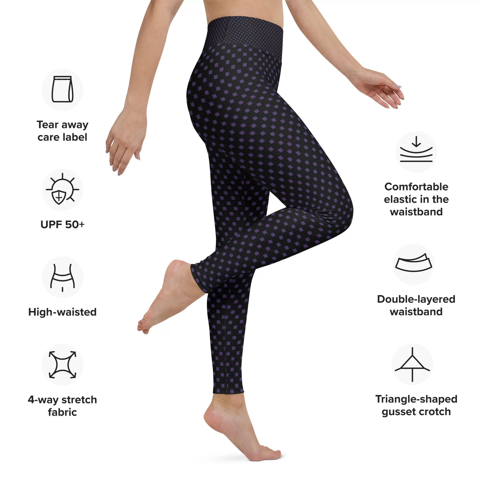 Small Purple Squares on Black Yoga Leggings - Image 3