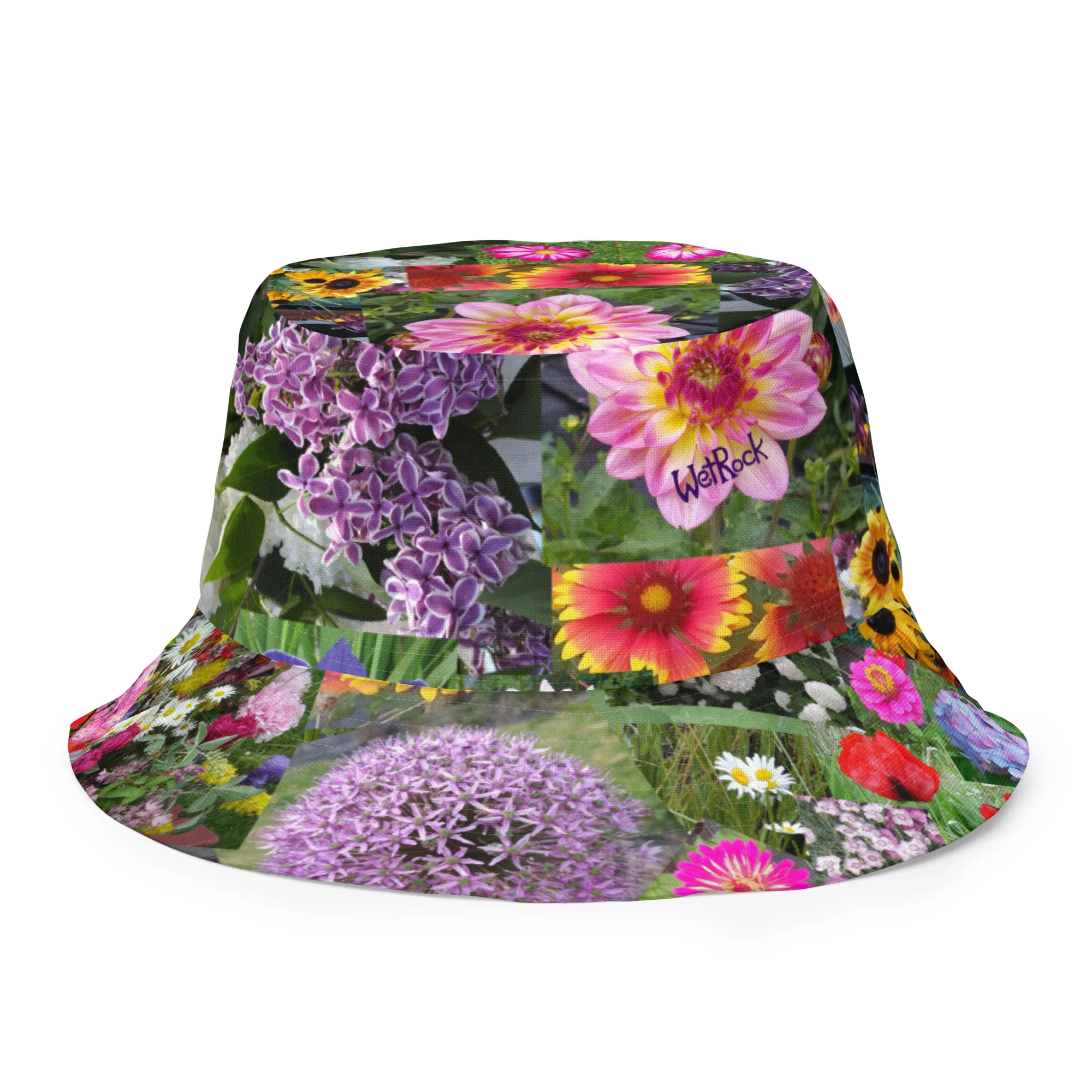 Mixed Flowers and Blue Sky Wet Rock Logo Reversible bucket hat
