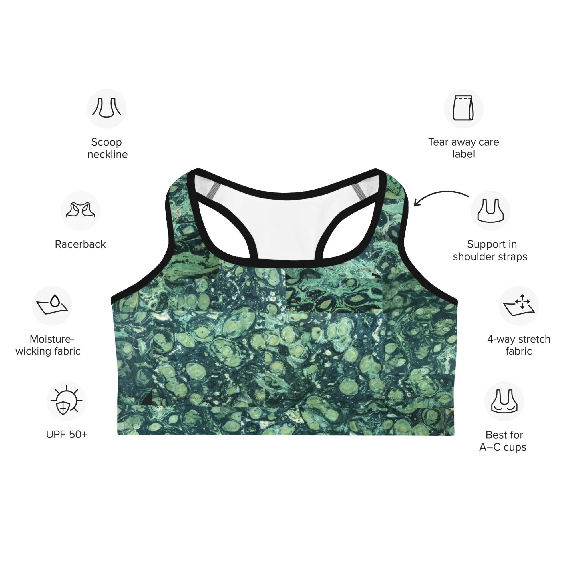 Supportive, Stretchy 18% spandex Sports bra with a "Kambaba Jasper" photo-print - Image 2