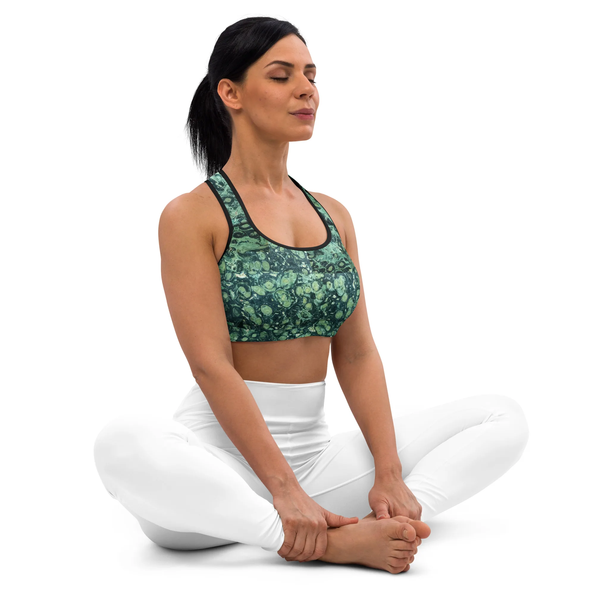 Supportive, Stretchy 18% spandex Sports bra with a "Kambaba Jasper" photo-print