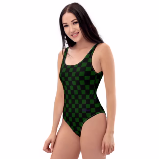 Green Checkerboard One-Piece Swimsuit XS - 3XL Stretchy 18% Spandex