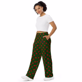 Green with Red Squares unisex wide-leg pants 2XS–6XL Loose and Comfortable