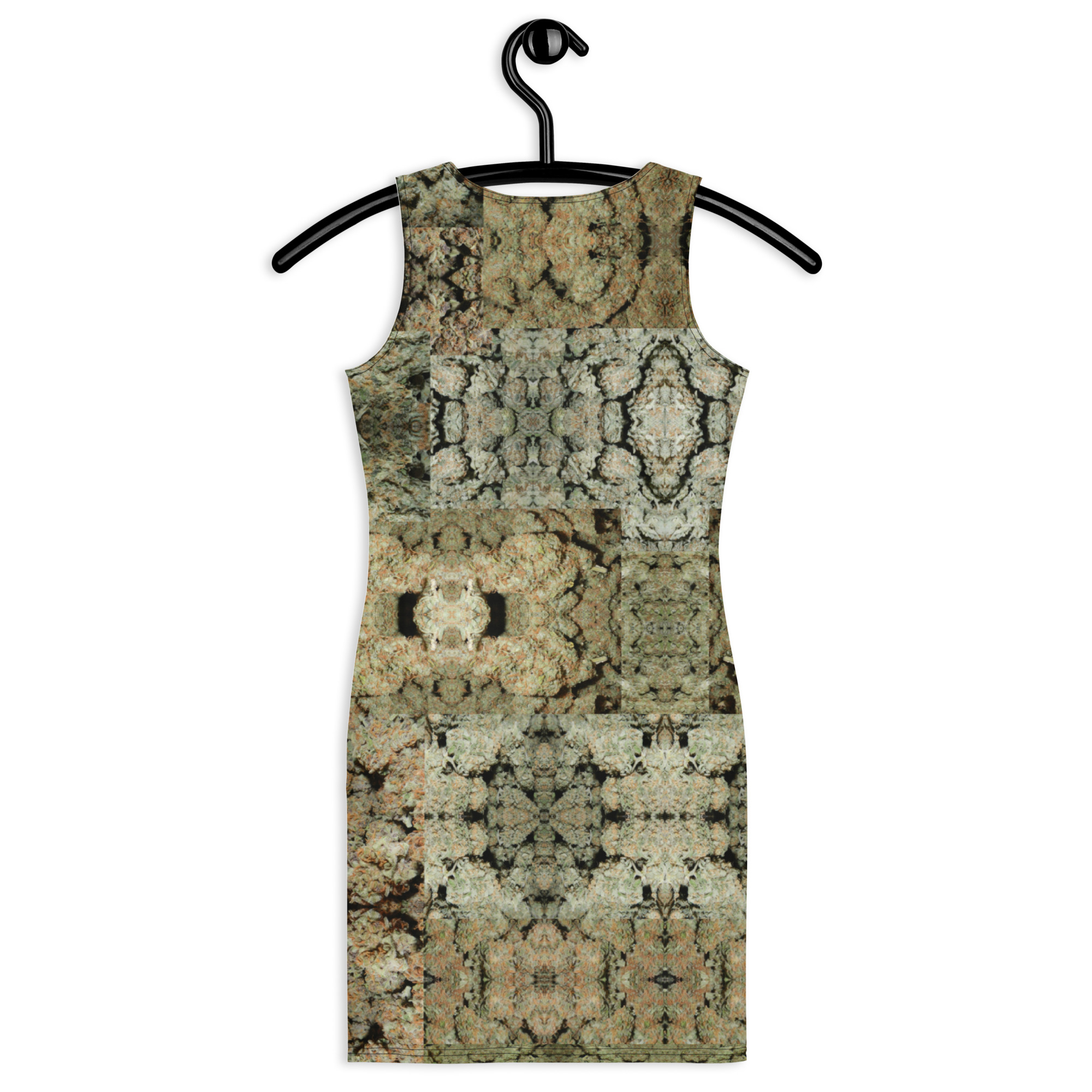 NW Nugz “Green Buds” Mirror-Images Bodycon Dress. Photo-Mosaic Dried Flower Art - Image 3