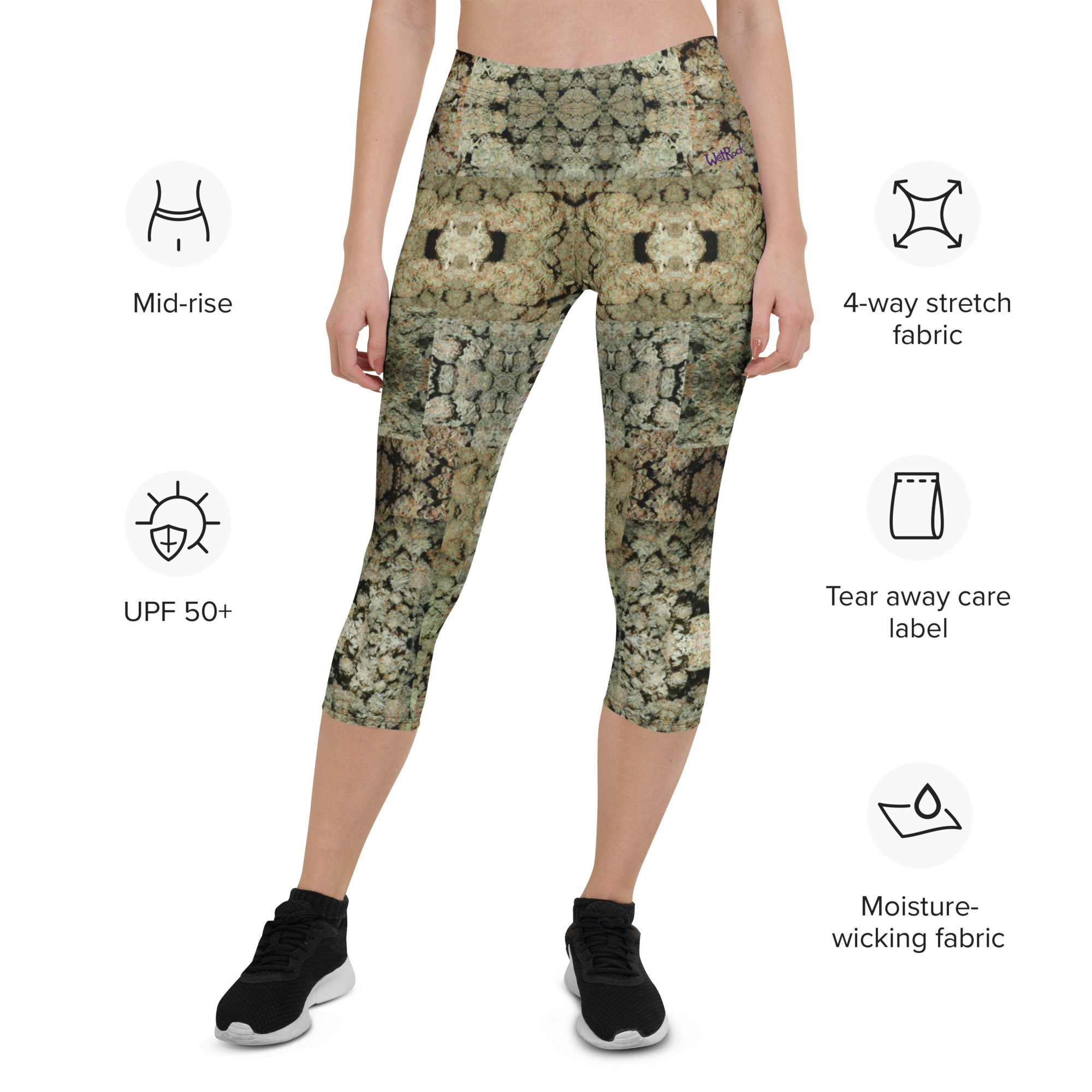 NW Nugz “Green Buds” Capri Leggings. Mirror-Image Photo-Mosaic Dried-Flower Art on Stretchy Pants