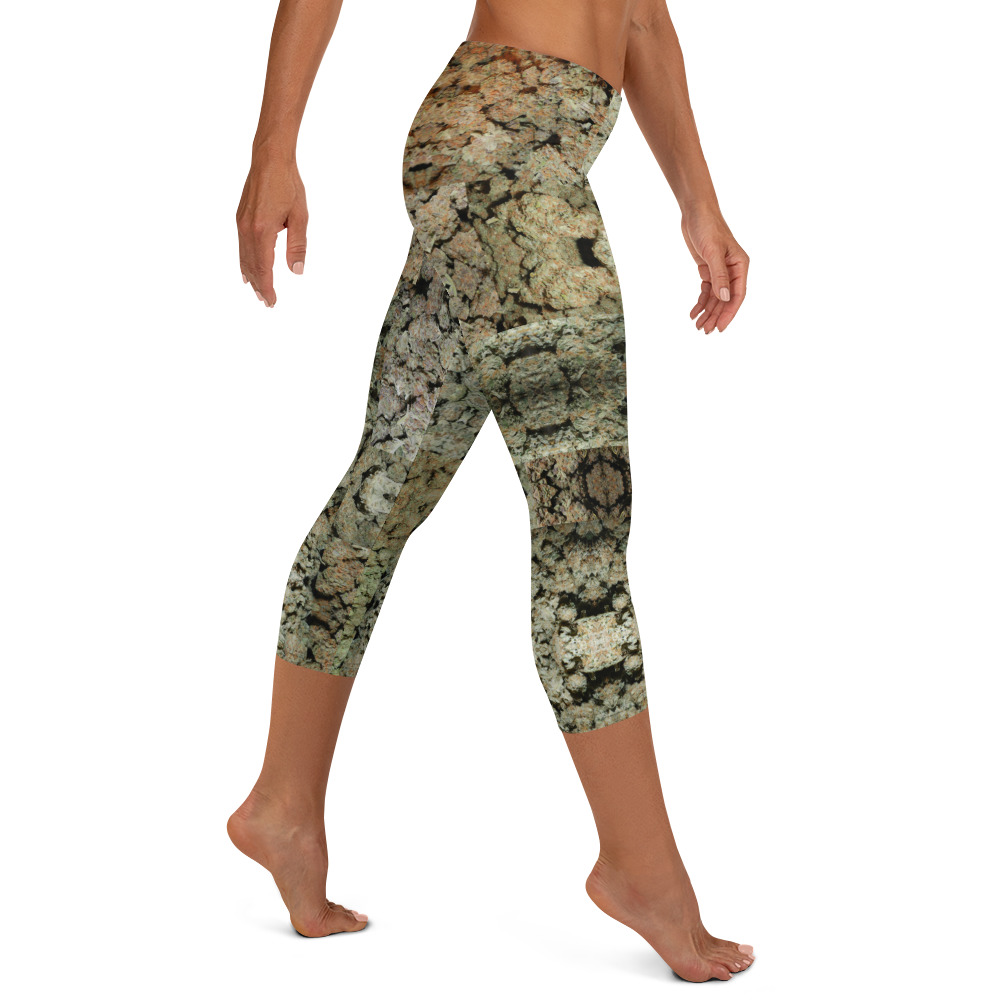 NW Nugz “Green Buds” Capri Leggings. Mirror-Image Photo-Mosaic Dried-Flower Art on Stretchy Pants - Image 2