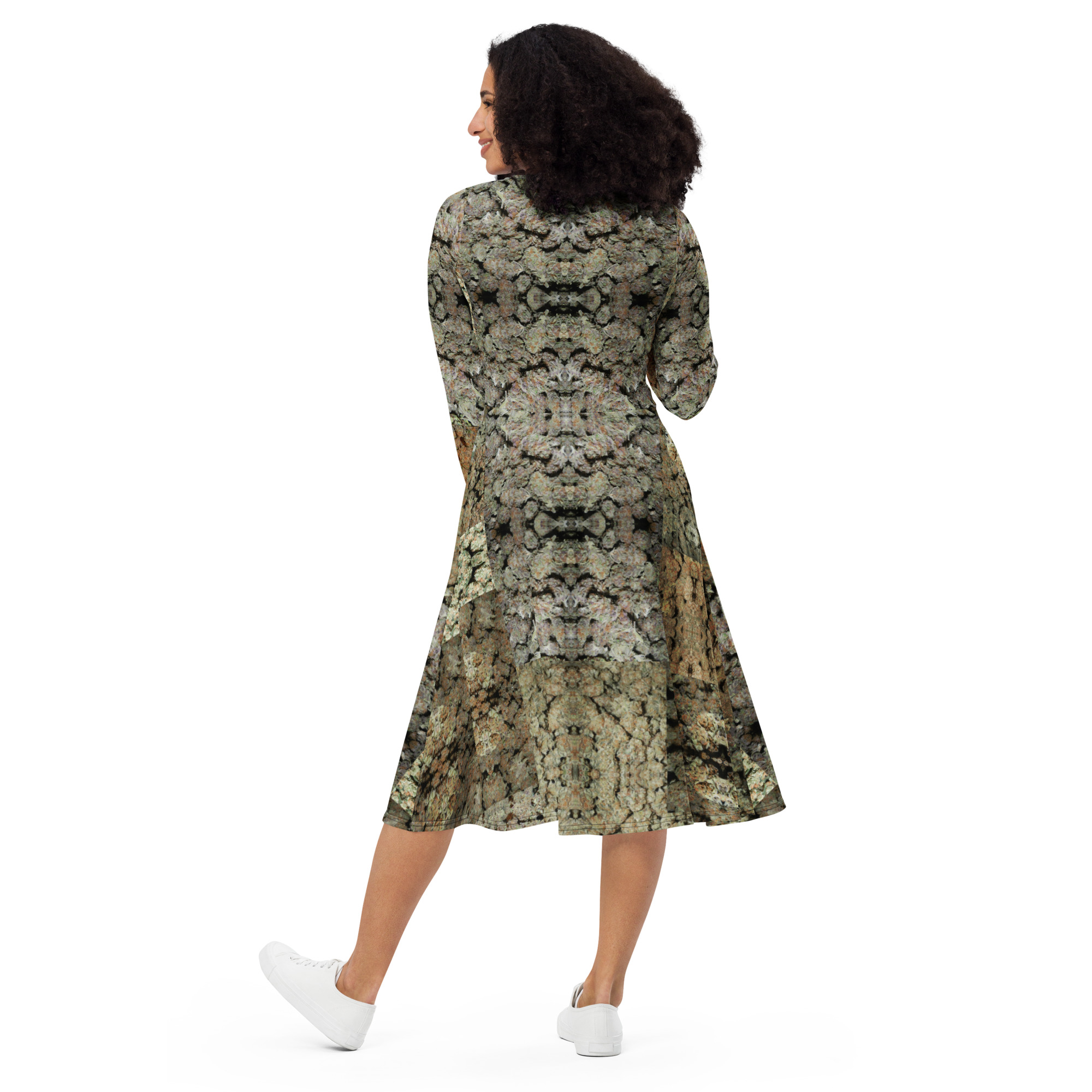 NW Nugz “Green Buds” long sleeve midi dress with pockets. Dried Flower Art - Image 6