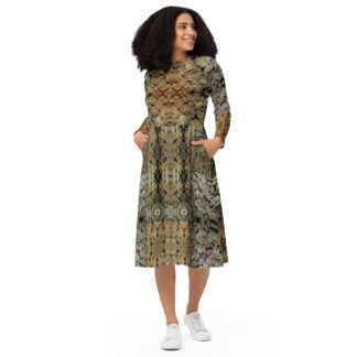NW Nugz “Green Buds” long sleeve midi dress with pockets. Dried Flower Art