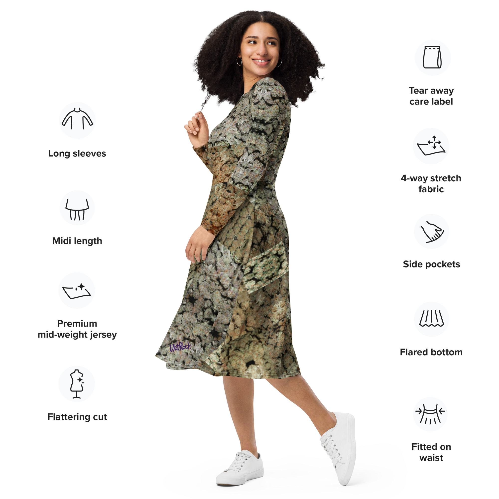 NW Nugz “Bud Face” long sleeve midi dress with pockets. Dried Flower Art - Image 4