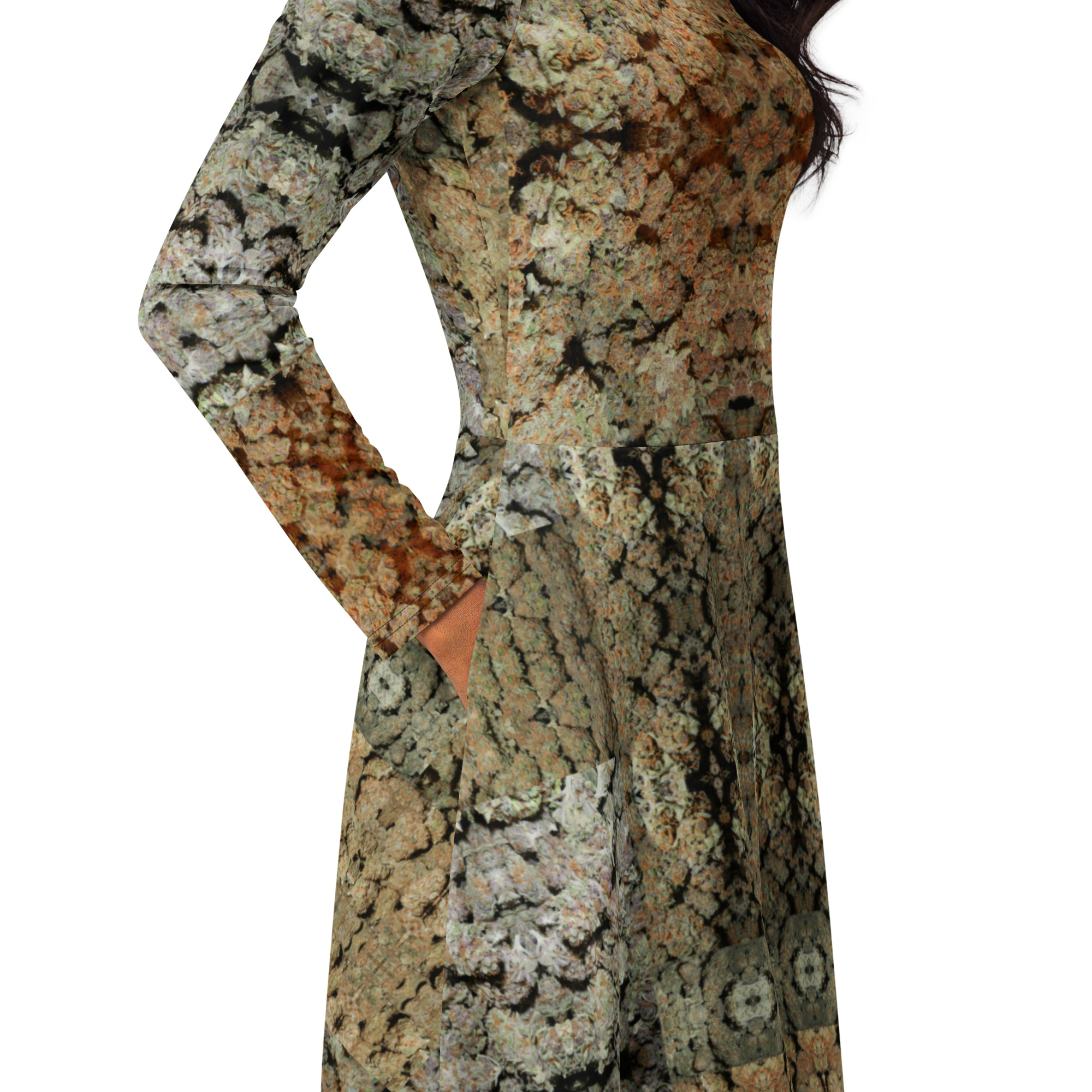 NW Nugz “Green Buds” long sleeve midi dress with pockets. Dried Flower Art - Image 2