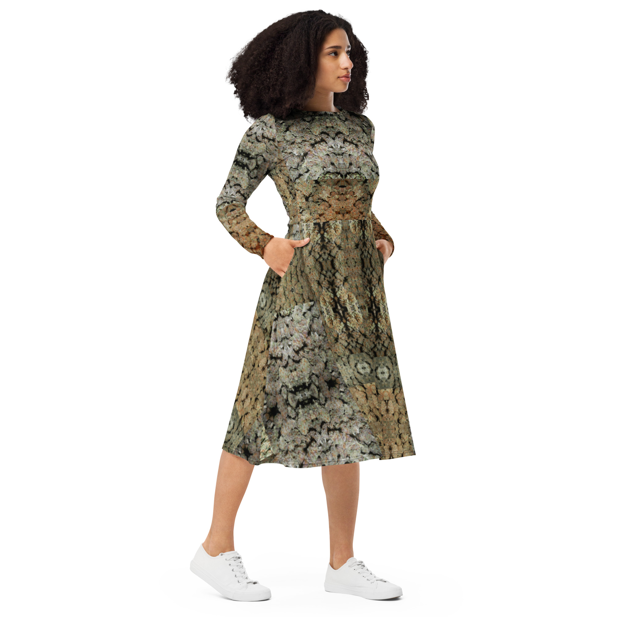 NW Nugz “Bud Face” long sleeve midi dress with pockets. Dried Flower Art - Image 3