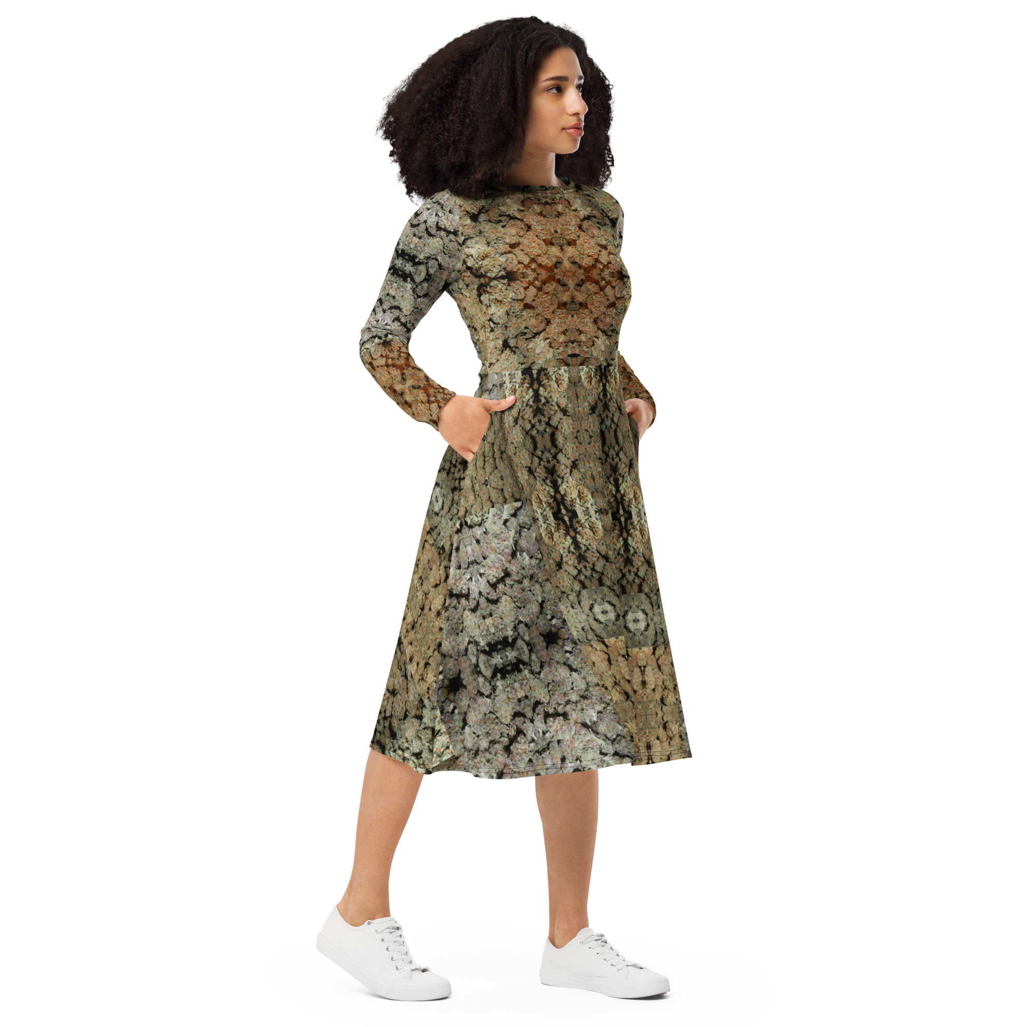 NW Nugz “Green Buds” long sleeve midi dress with pockets. Dried Flower Art - Image 4