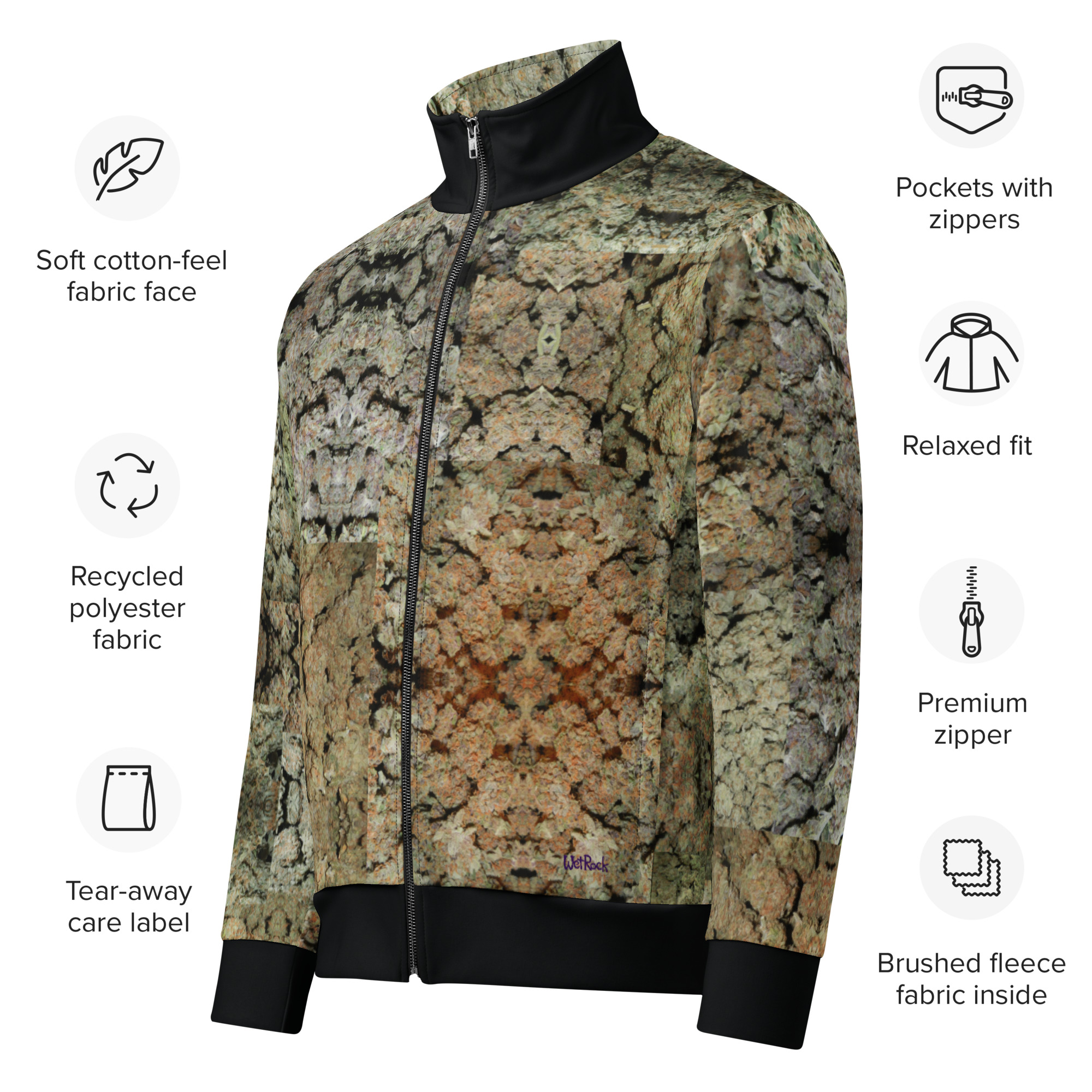 NW Nugz “Green Buds” Photo-Mosaic Unisex Track Jacket w Black Details - Image 2