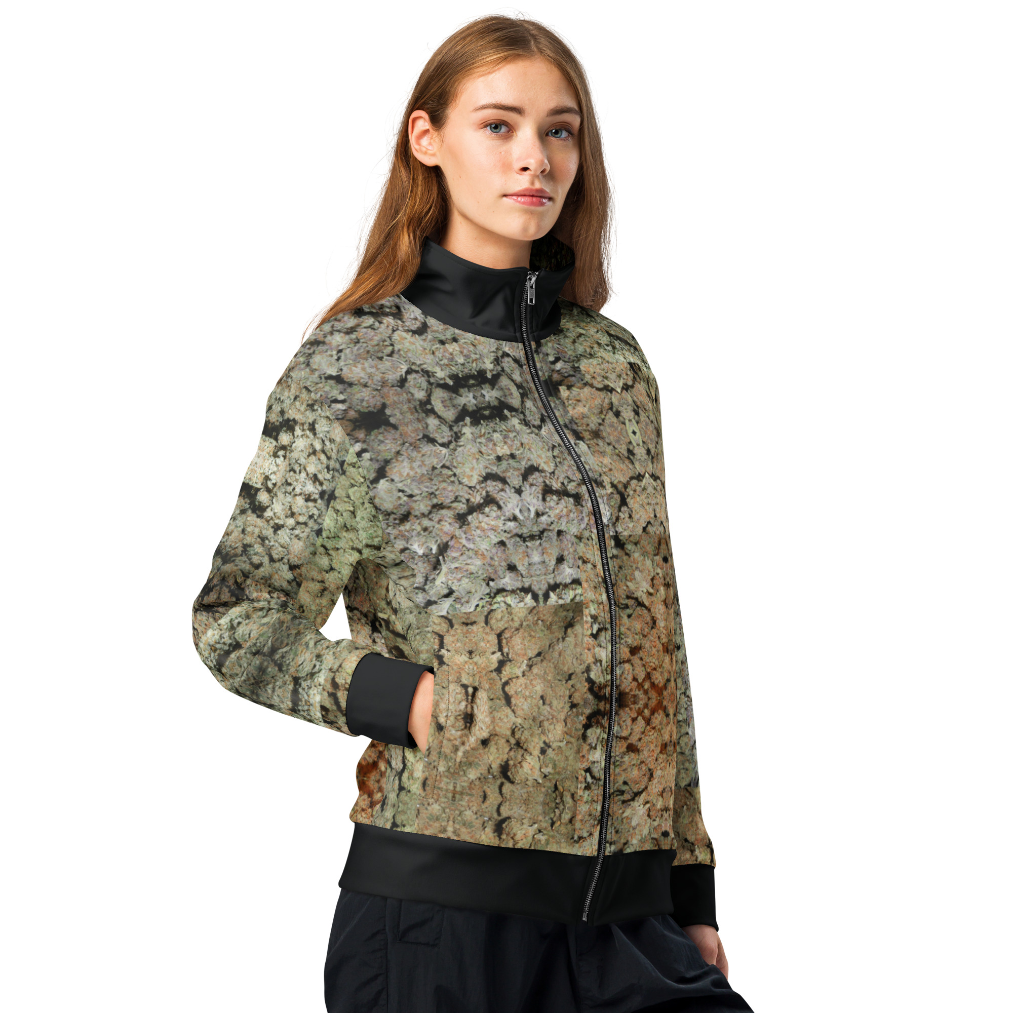 NW Nugz “Green Buds” Photo-Mosaic Unisex Track Jacket w Black Details - Image 7