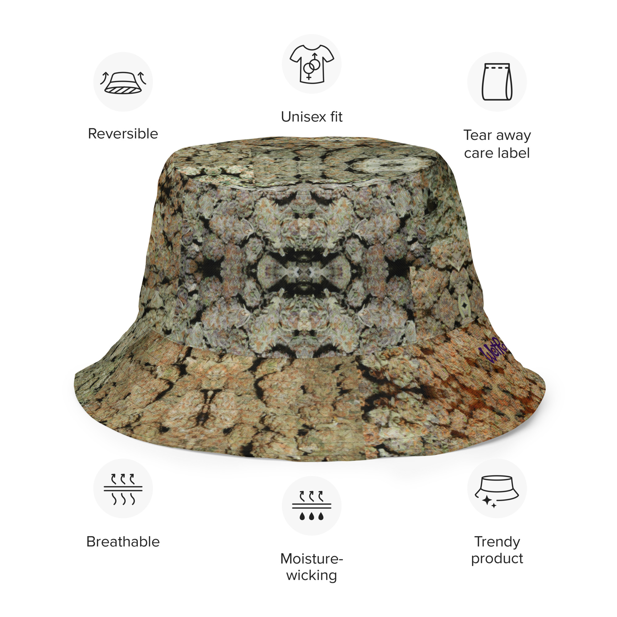 NW Nugz “Green Buds” Photo-Mosaics Reversible bucket hat. Dried Flower Art