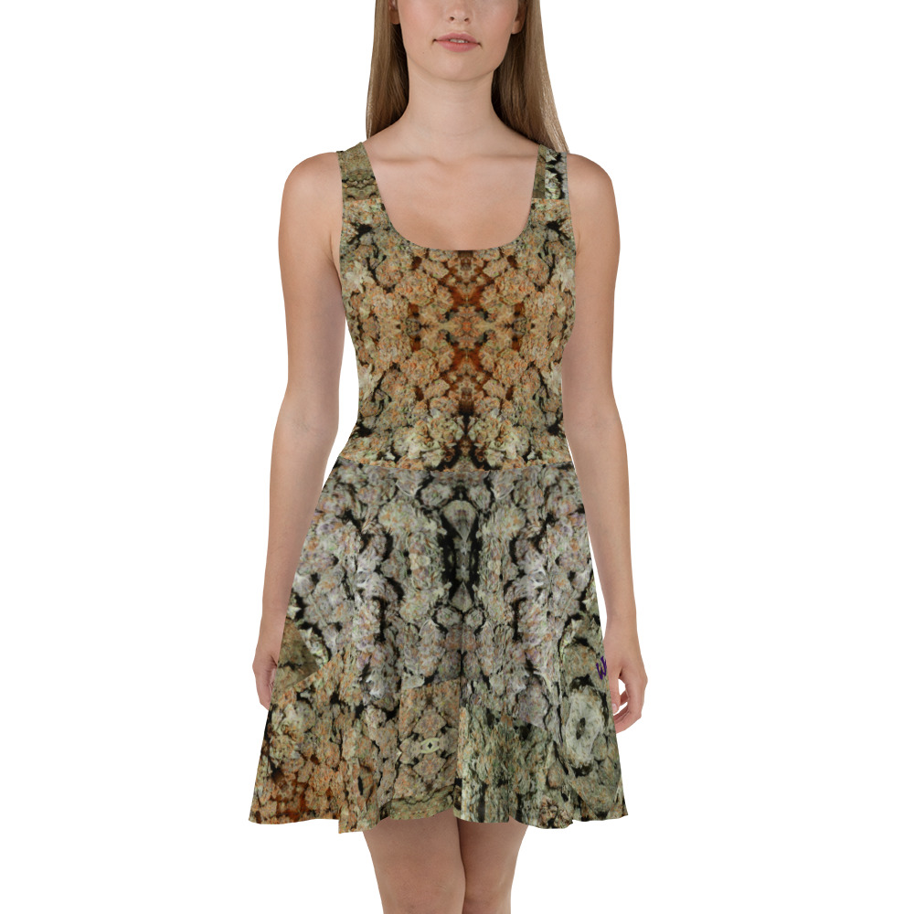 NW Nugz “Green Buds” Mirror-Images Skater Dress. Photo-Mosaic Dried Flower Art