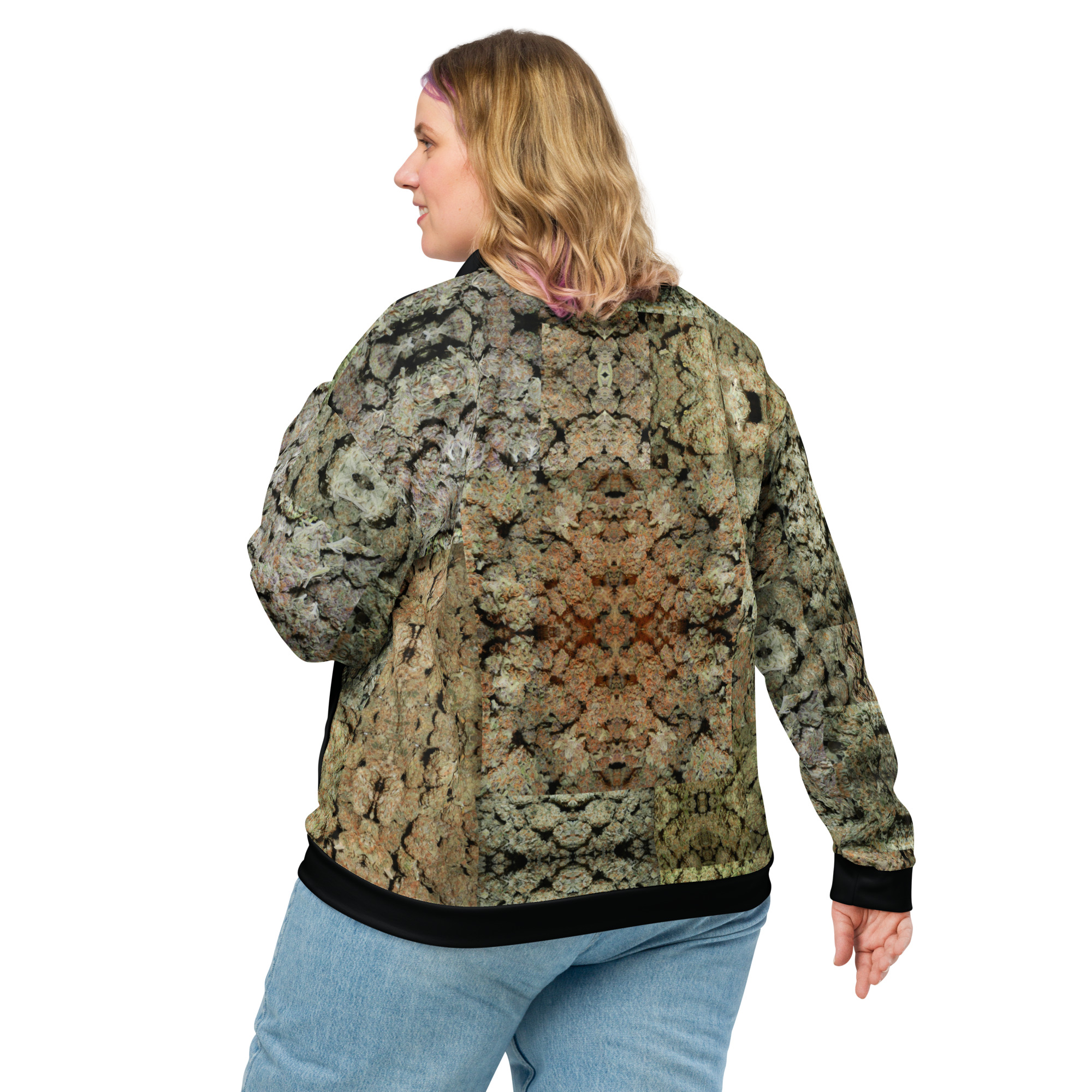NW Nugz “Green Buds” Unisex Bomber Jacket XS – 3XL. Photo-Mosaic Dried Flower Art - Image 6