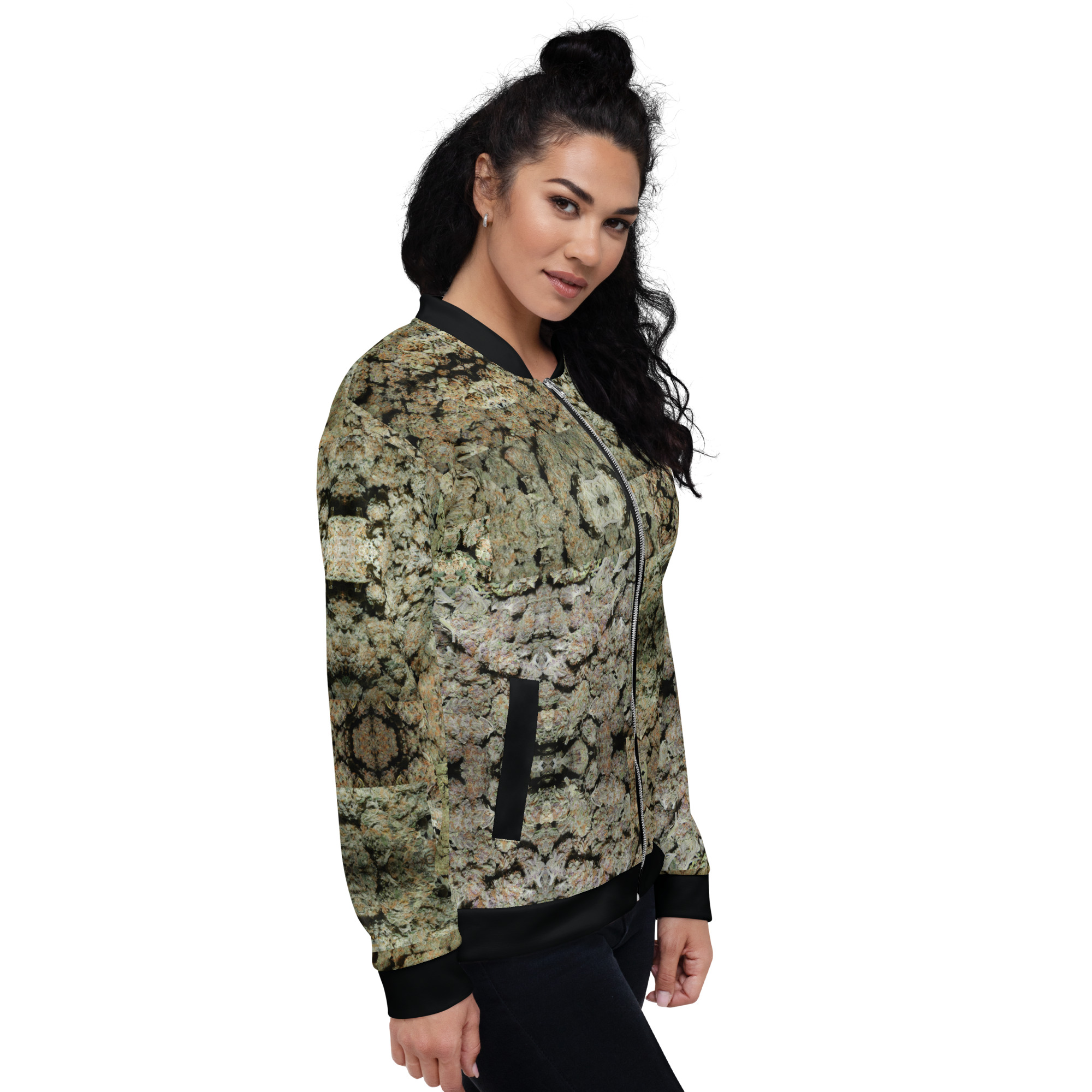 NW Nugz “Green Buds” Unisex Bomber Jacket XS – 3XL. Photo-Mosaic Dried Flower Art - Image 2