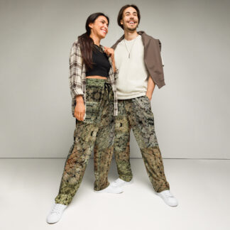 NW Nugz “Green Buds” Photo-Mosaic Wide-leg joggers. Dried Flower Art