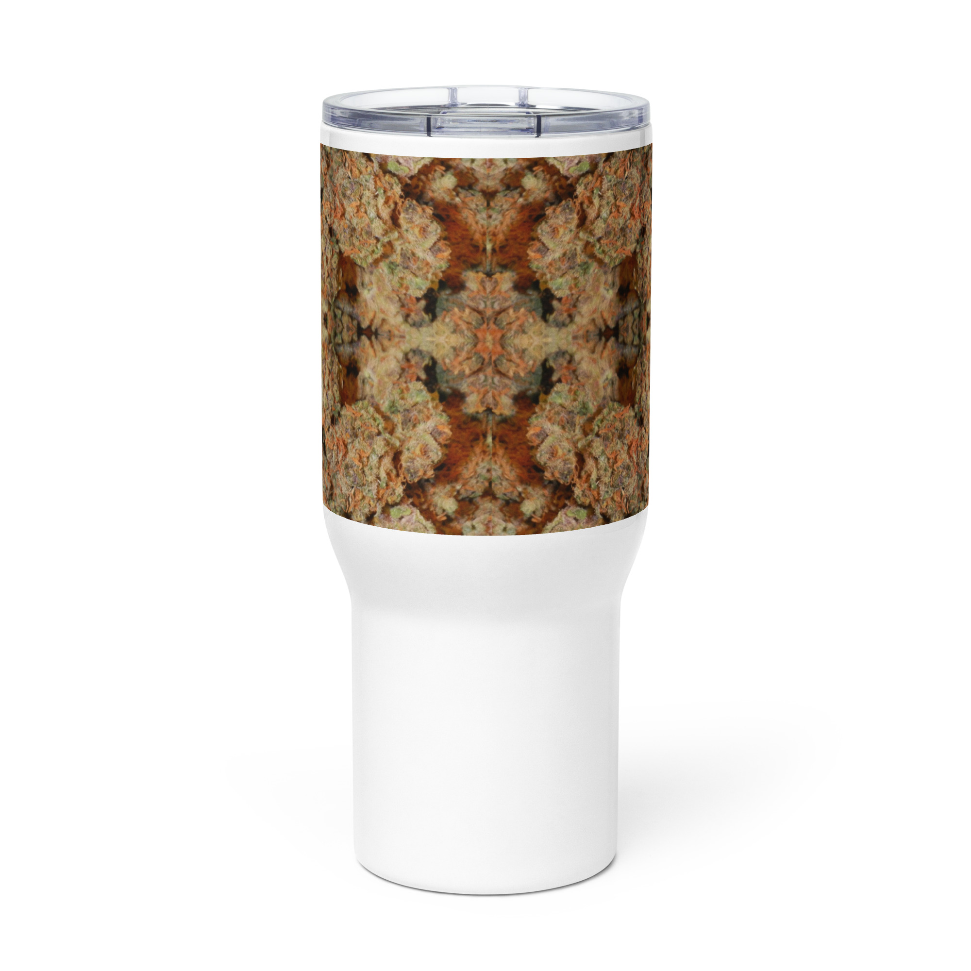 NW Nugz “Orange Buds” design on a Tall Travel mug with a handle. Insulated Metal Cup cooler - Image 3