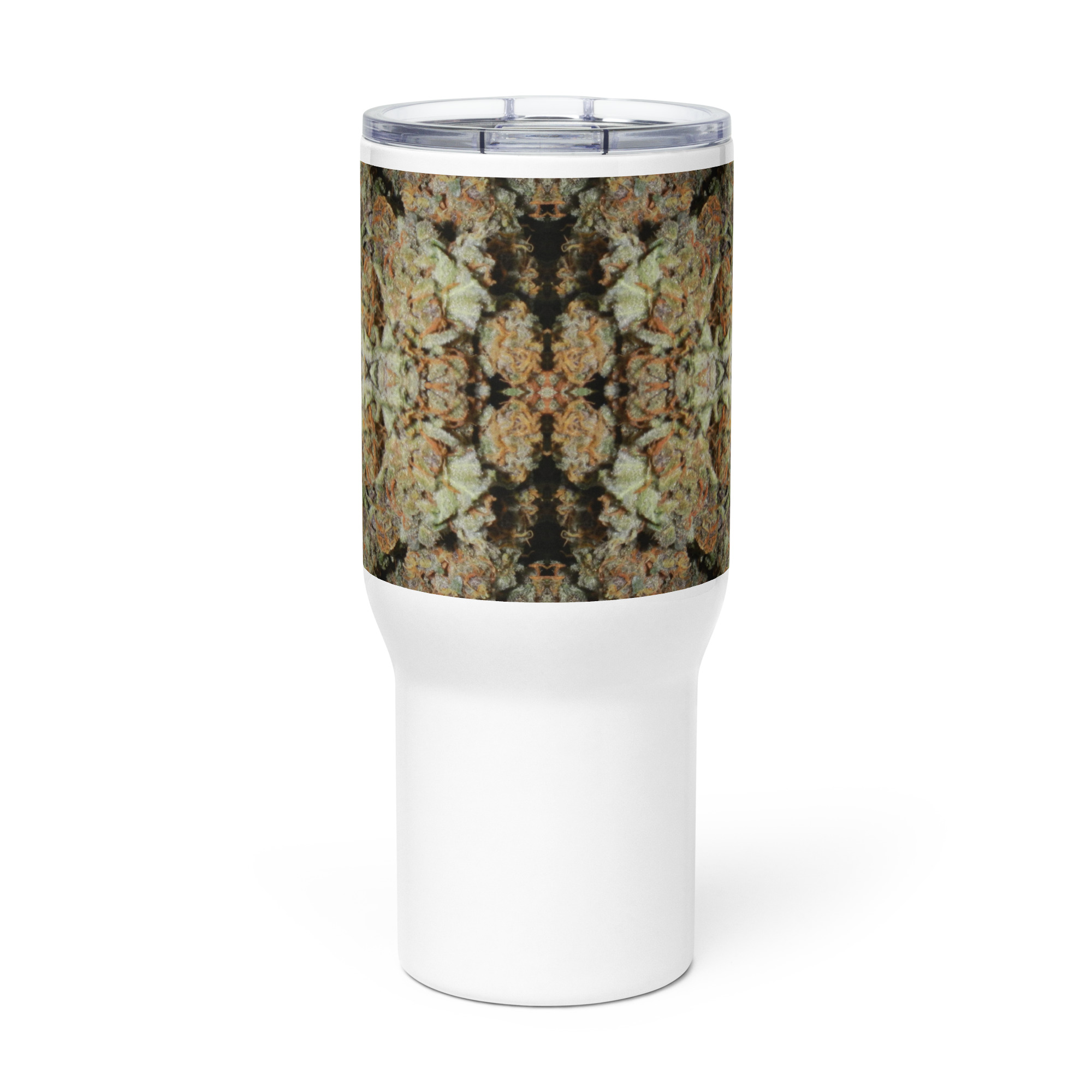 NW Nugz “Green Buds” design on a Tall Travel mug with a handle. Insulated Metal Cup cooler - Image 3