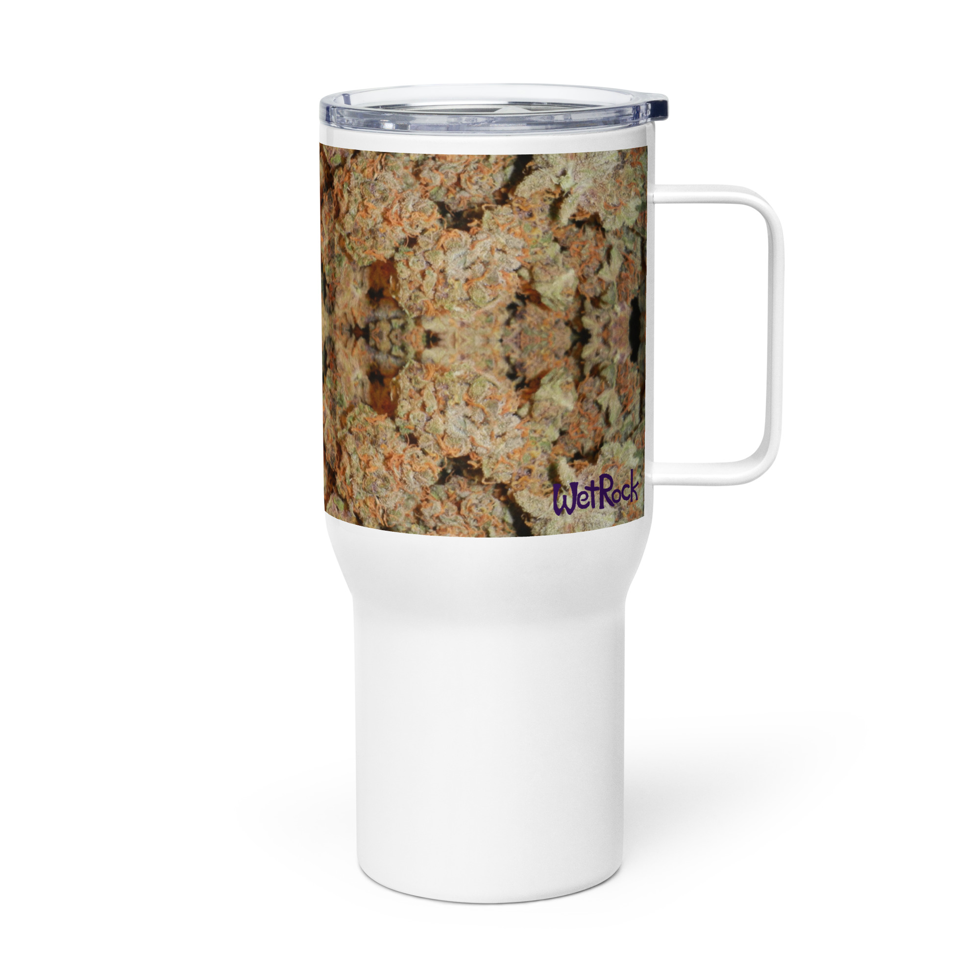 NW Nugz “Orange Buds” design on a Tall Travel mug with a handle. Insulated Metal Cup cooler - Image 4