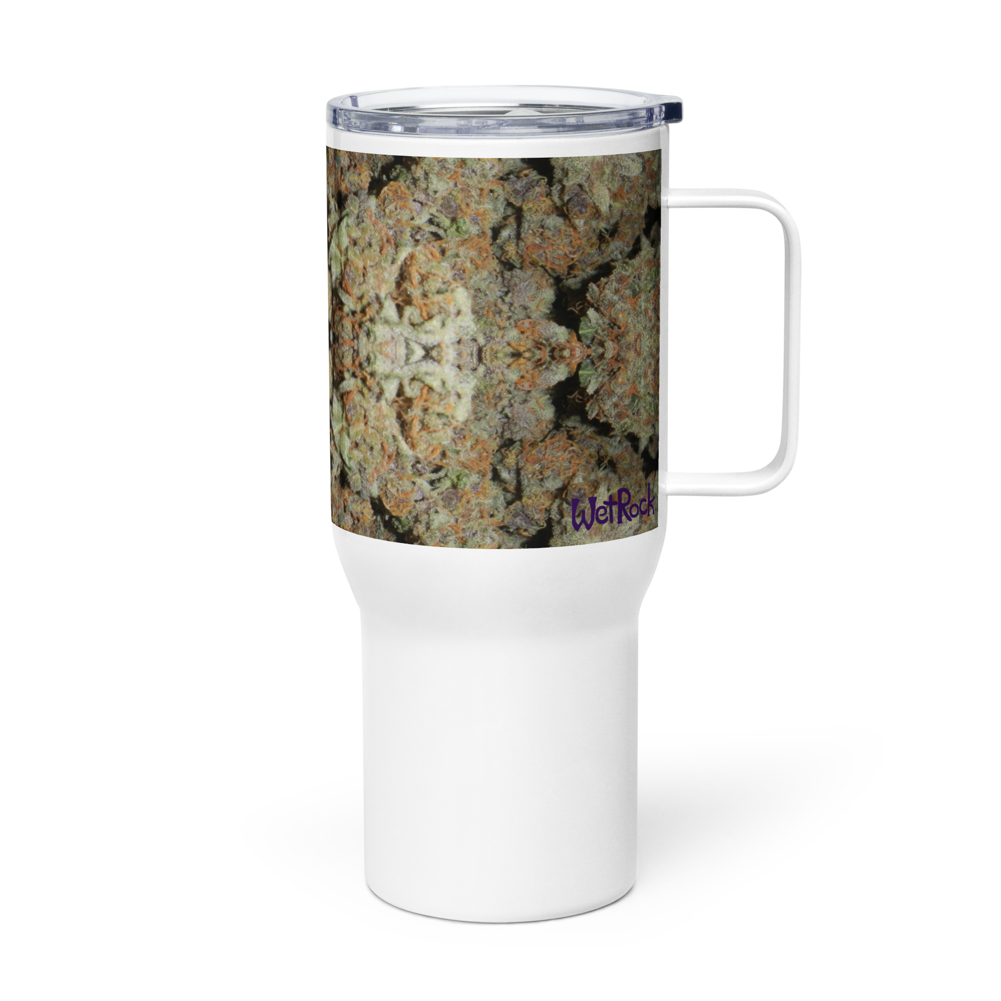 NW Nugz “Green Buds” design on a Tall Travel mug with a handle. Insulated Metal Cup cooler - Image 4