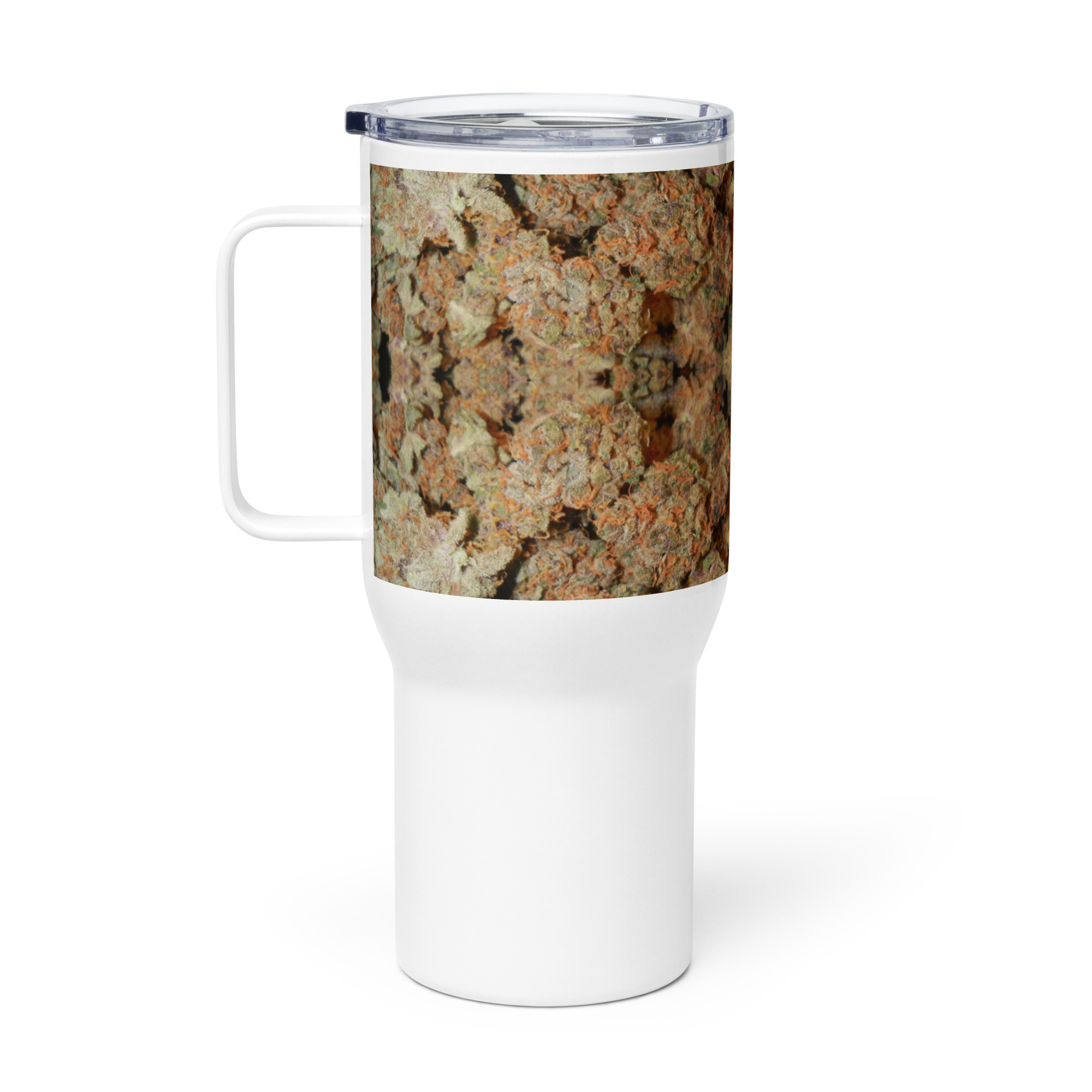 NW Nugz “Orange Buds” design on a Tall Travel mug with a handle. Insulated Metal Cup cooler - Image 2