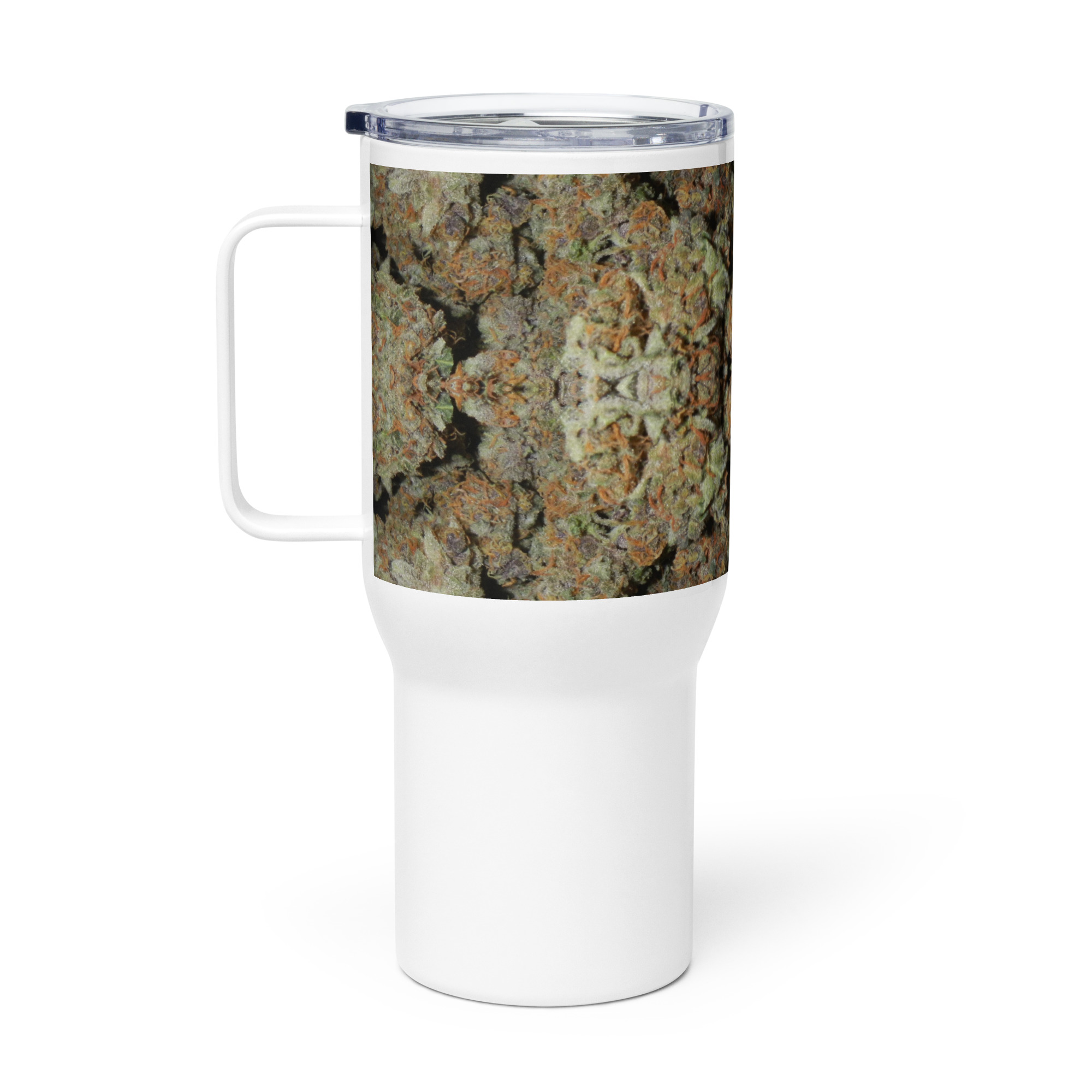 NW Nugz “Green Buds” design on a Tall Travel mug with a handle. Insulated Metal Cup cooler - Image 2