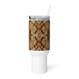 NW Nugz “Orange Buds” design on a Tall Travel mug with a handle. Insulated Metal Cup cooler