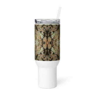 NW Nugz “Green Buds” design on a Tall Travel mug with a handle. Insulated Metal Cup cooler