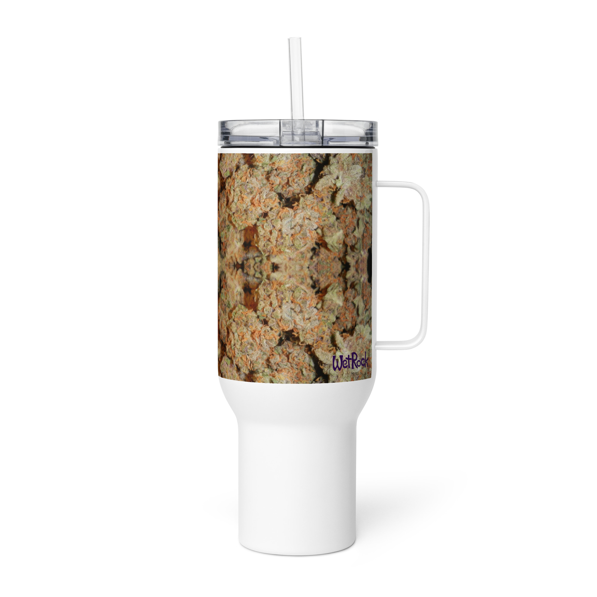 NW Nugz “Orange Buds” design on a Tall Travel mug with a handle. Insulated Metal Cup cooler - Image 5