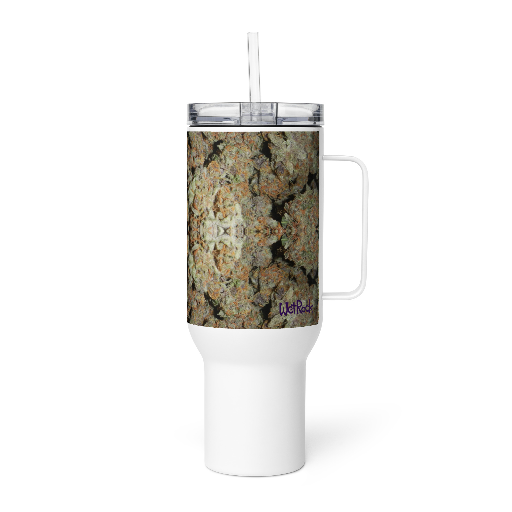 NW Nugz “Green Buds” design on a Tall Travel mug with a handle. Insulated Metal Cup cooler - Image 5