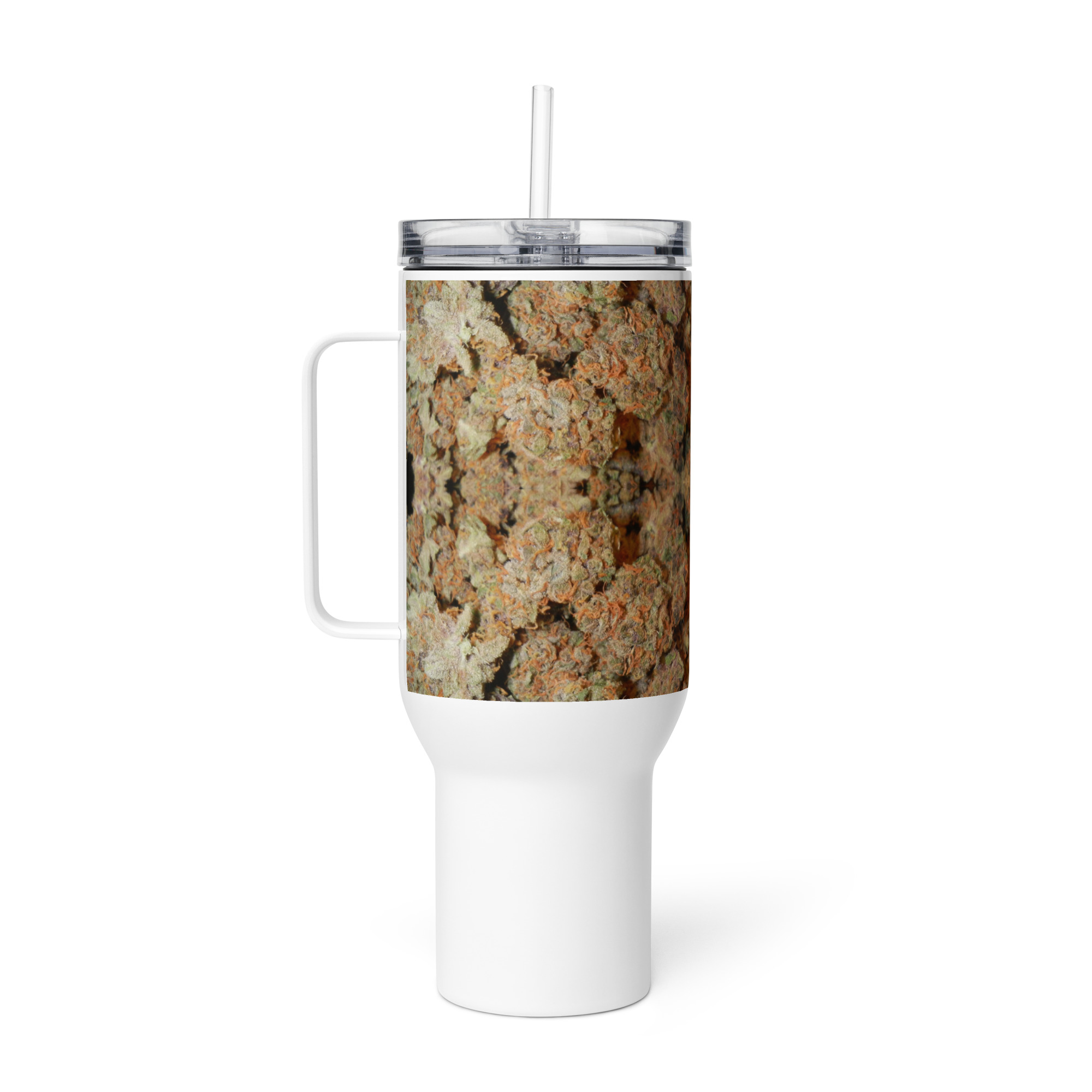 NW Nugz “Orange Buds” design on a Tall Travel mug with a handle. Insulated Metal Cup cooler - Image 6