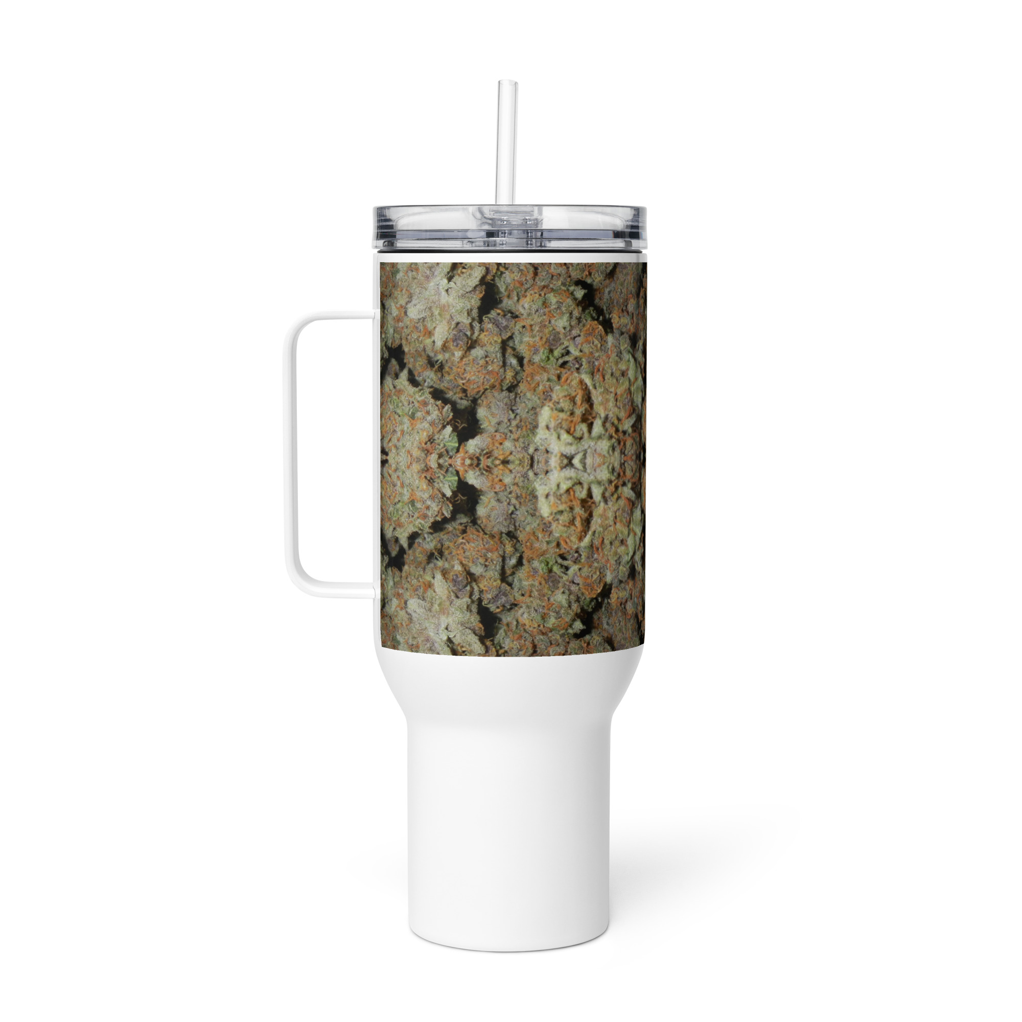 NW Nugz “Green Buds” design on a Tall Travel mug with a handle. Insulated Metal Cup cooler - Image 6