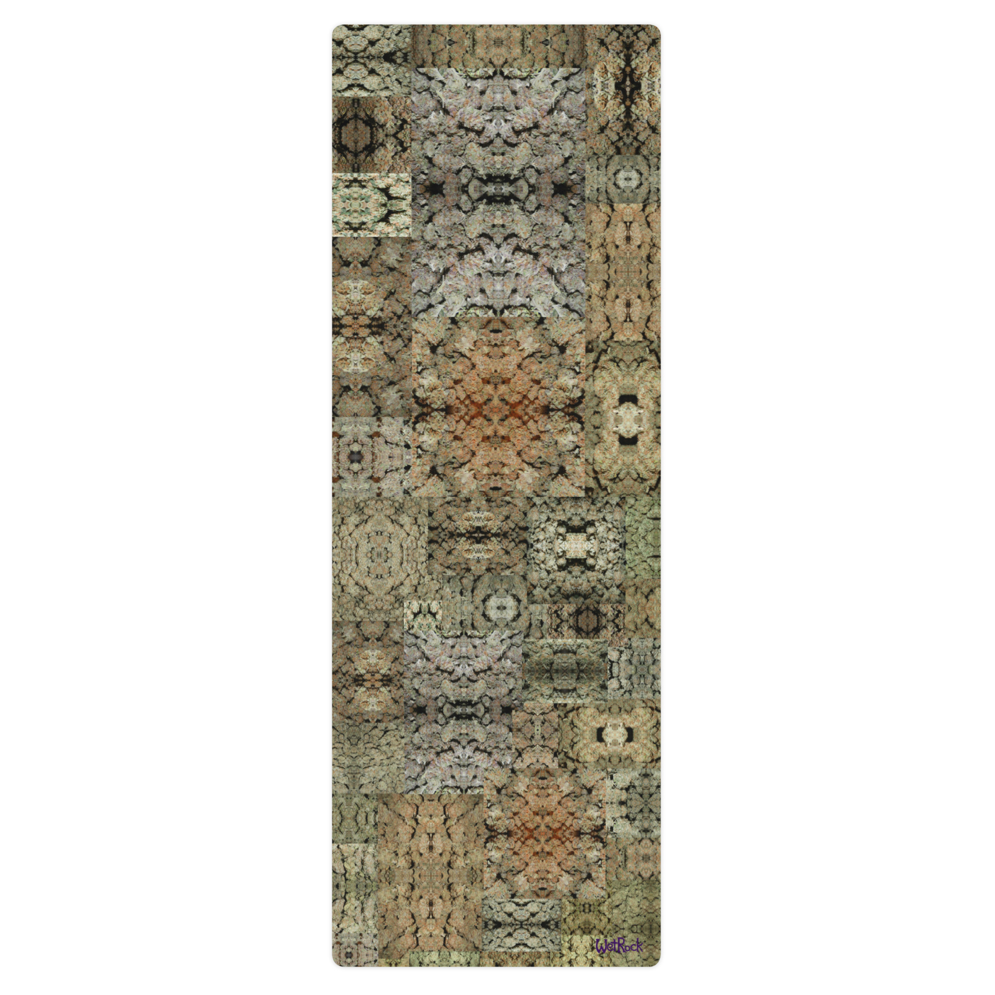 NW Nugz “Green Buds” and "Bud Face" art. 24″ × 68″ Rubber backed Yoga mat. Photo-Mosaic Dried Flower Art