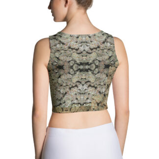 NW Nugz “Purple Buds” Crop Tank. Cannabis-covered stretchy top with Mirror-Image Flower Art