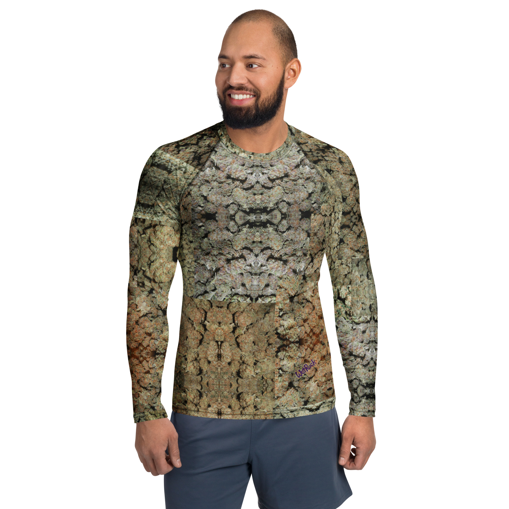 Men's NW Nugz “Green Buds” Stretchy Rash Guard. Photo-Mosaic Dried-Flower-Bud Art - Image 3