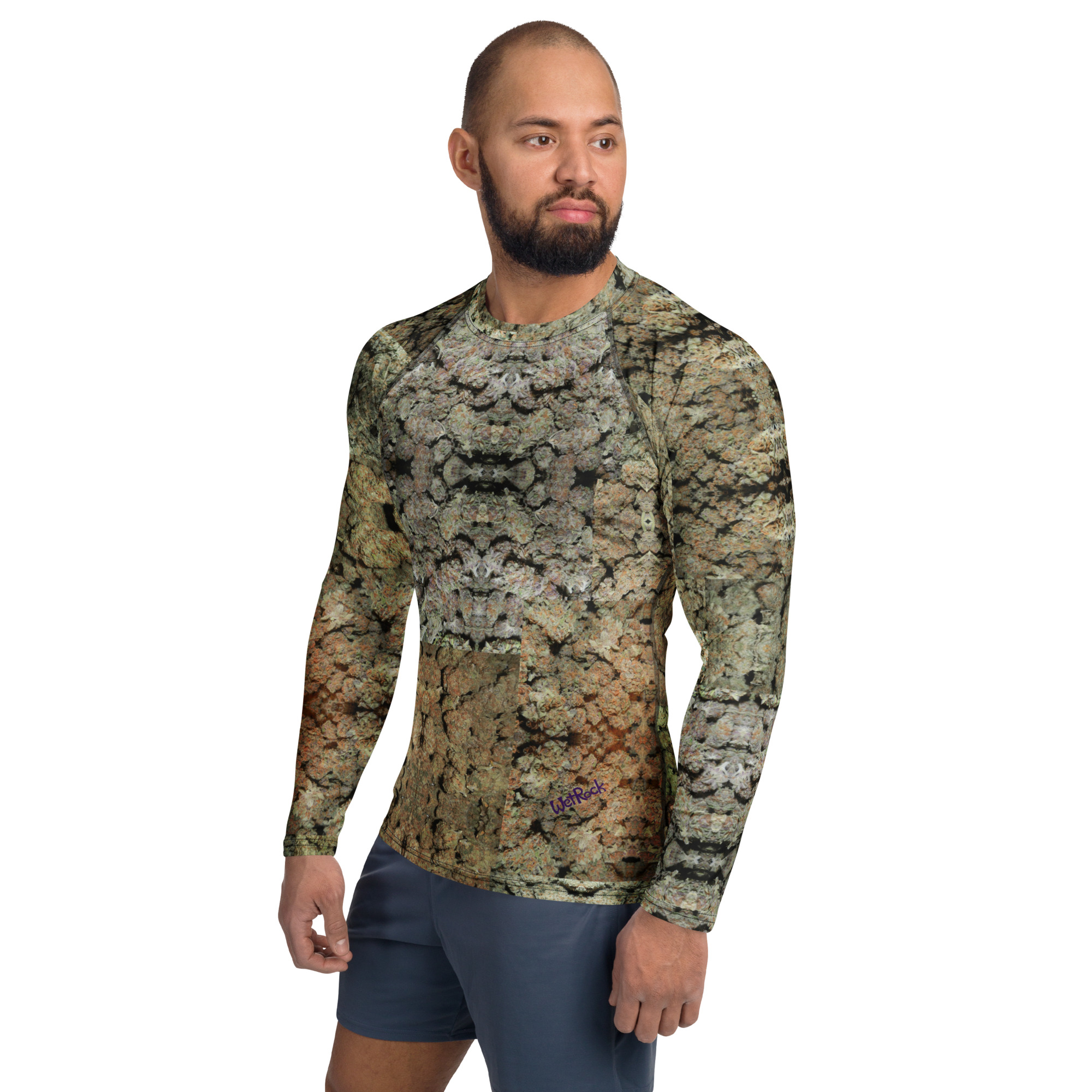 Men's NW Nugz “Green Buds” Stretchy Rash Guard. Photo-Mosaic Dried-Flower-Bud Art - Image 4
